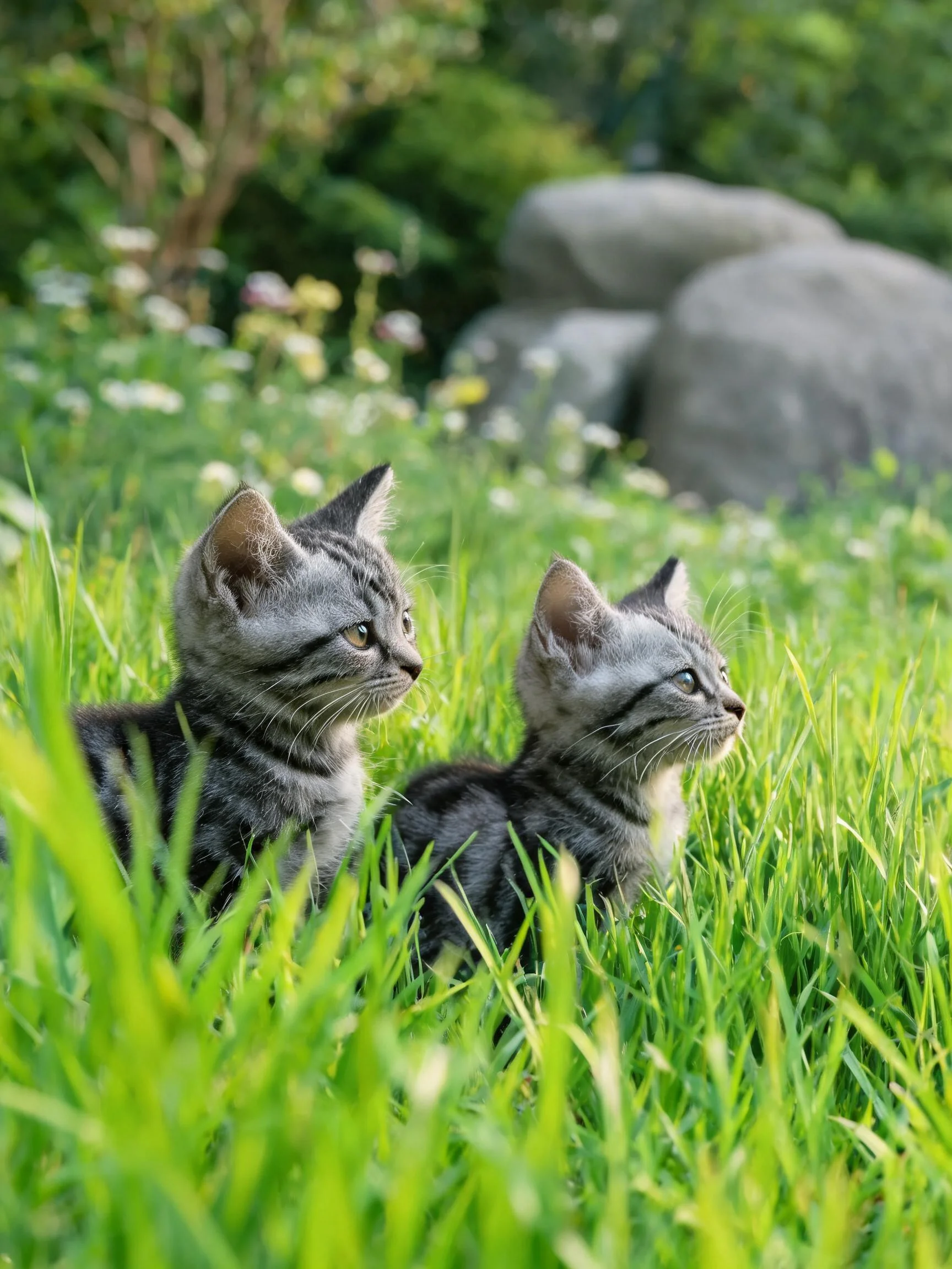 两只短毛虎斑小猫有着灰黑色虎斑花纹,正专注地观察周围环境。