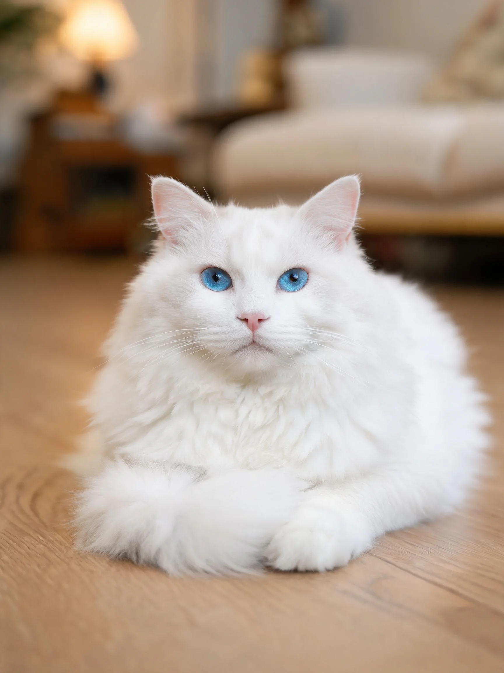 白色长毛猫有着蓬松洁白的被毛和清澈的蓝色眼睛，正安静地趴在木质地板上。