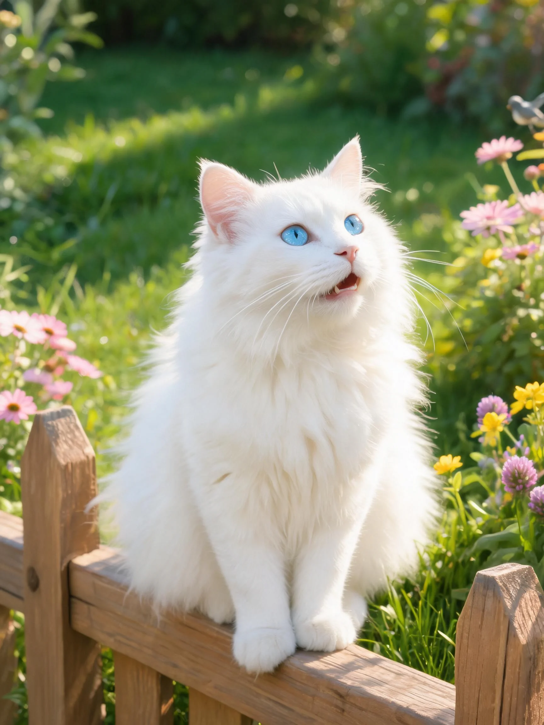 白长毛猫有着明亮的蓝色眼睛,柔软蓬松的白色毛发搭在木栅栏上。