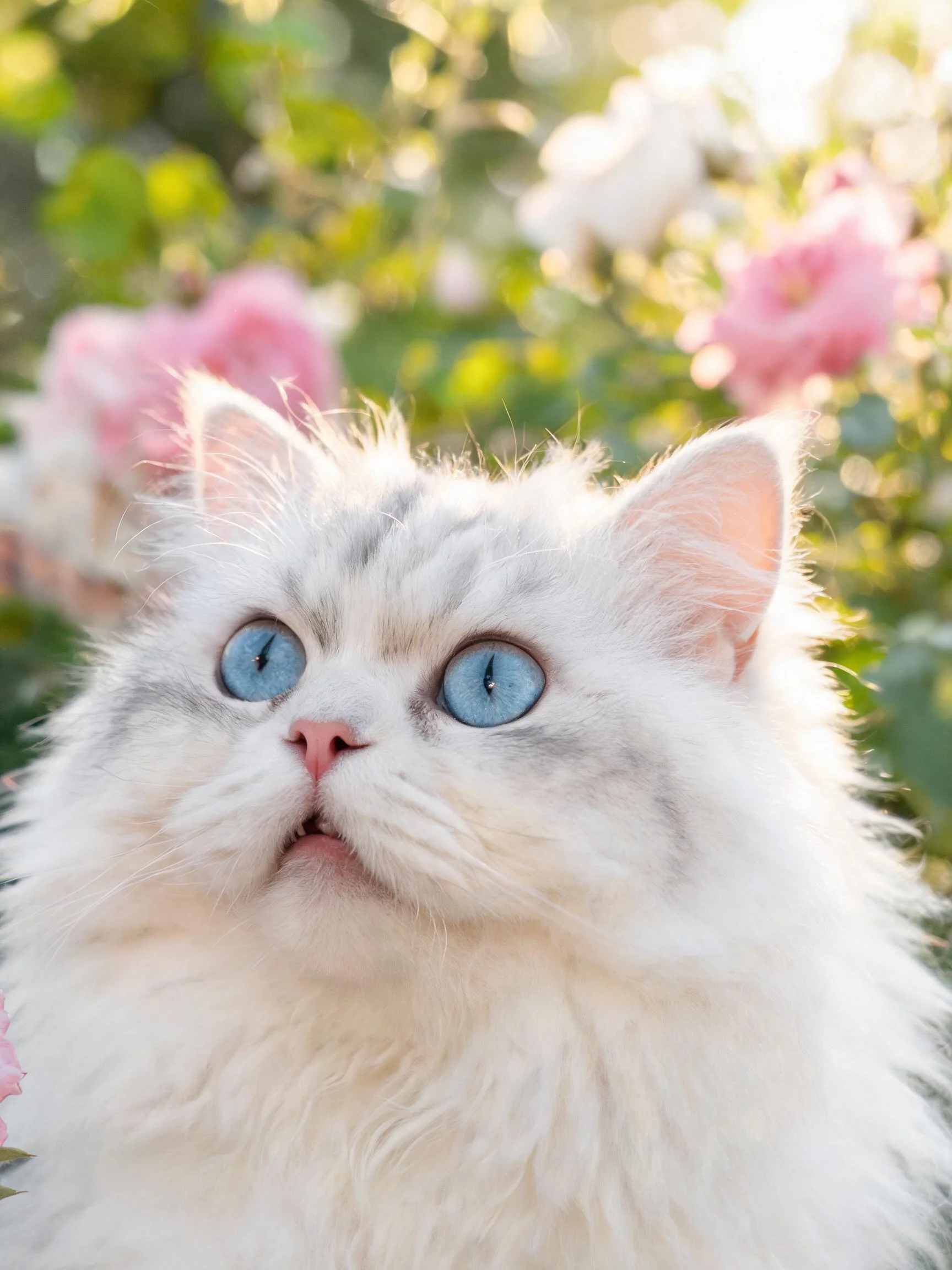 蓝眼白毛的布偶猫,澄澈蓝色眼眸与蓬松雪白毛发在光下清晰可见。