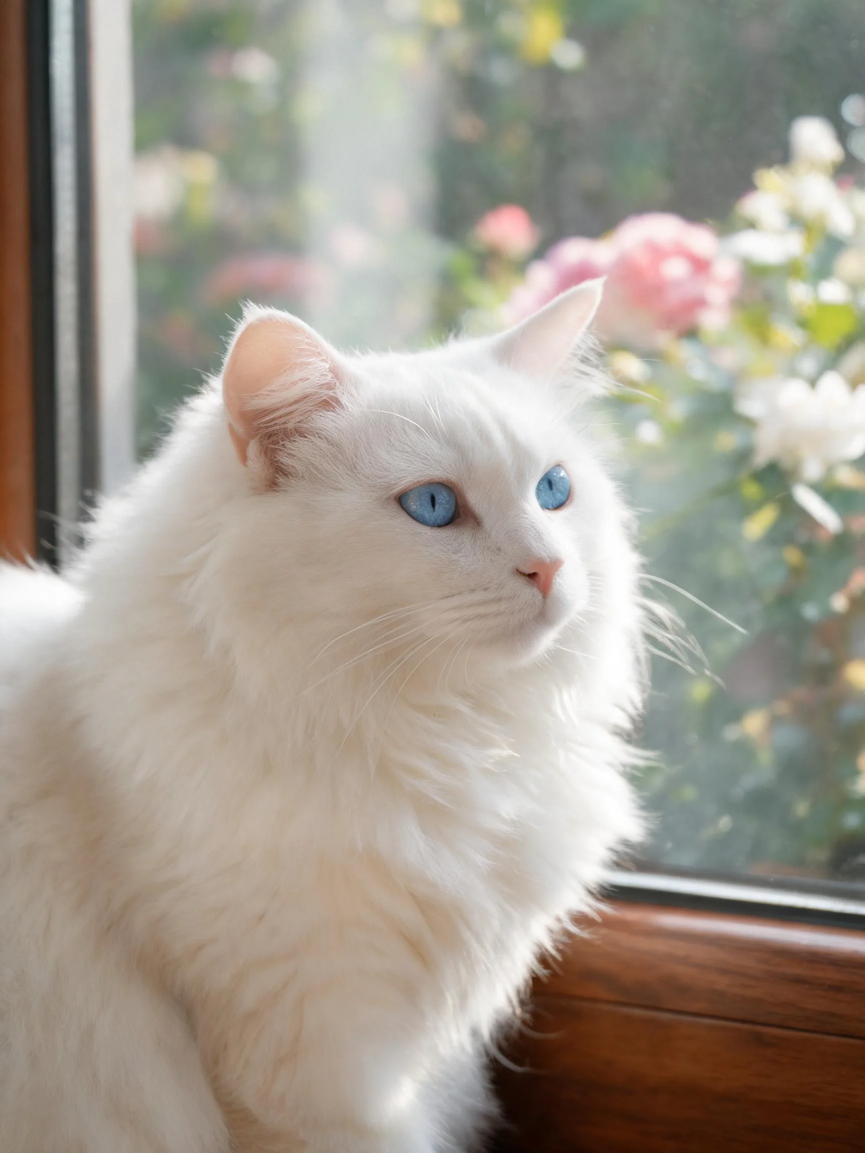 白色长毛蓝眼睛猫安静地坐在窗边,有着蓬松柔软的白色毛发和清澈的蓝色眼睛。