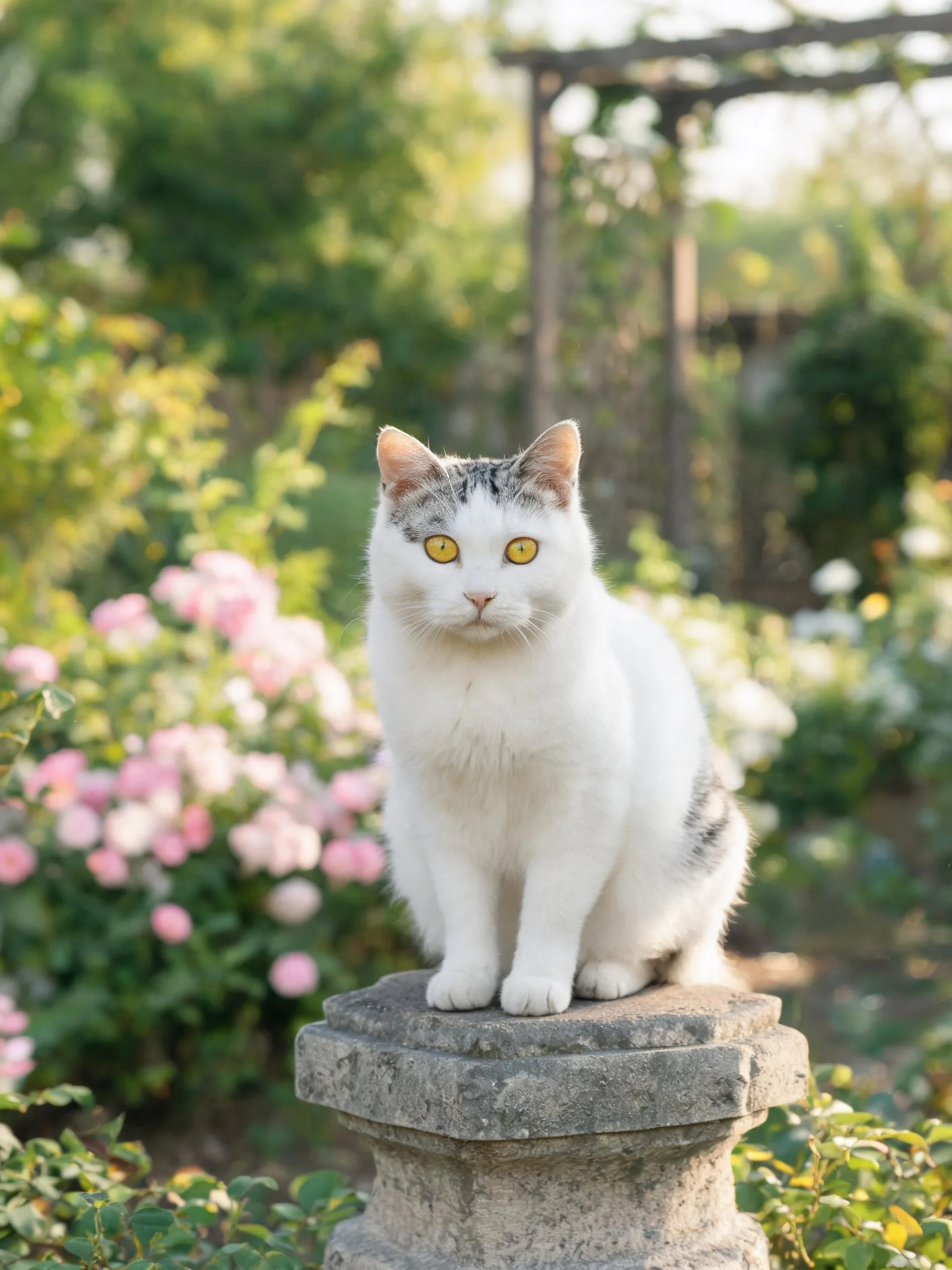 灰白短毛家猫有着雪白蓬松的毛发和黄色眼睛,正安静地坐在石质基座上,周围环绕着盛开的粉色花卉。