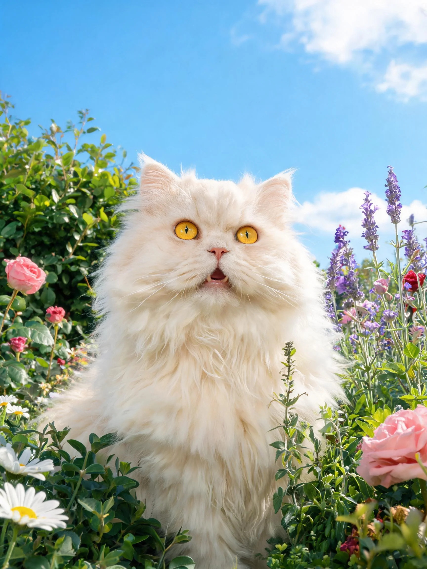 长毛白色波斯猫有着蓬松洁白的毛发与明亮的黄色眼睛,正坐在花园花簇中观察周围环境。