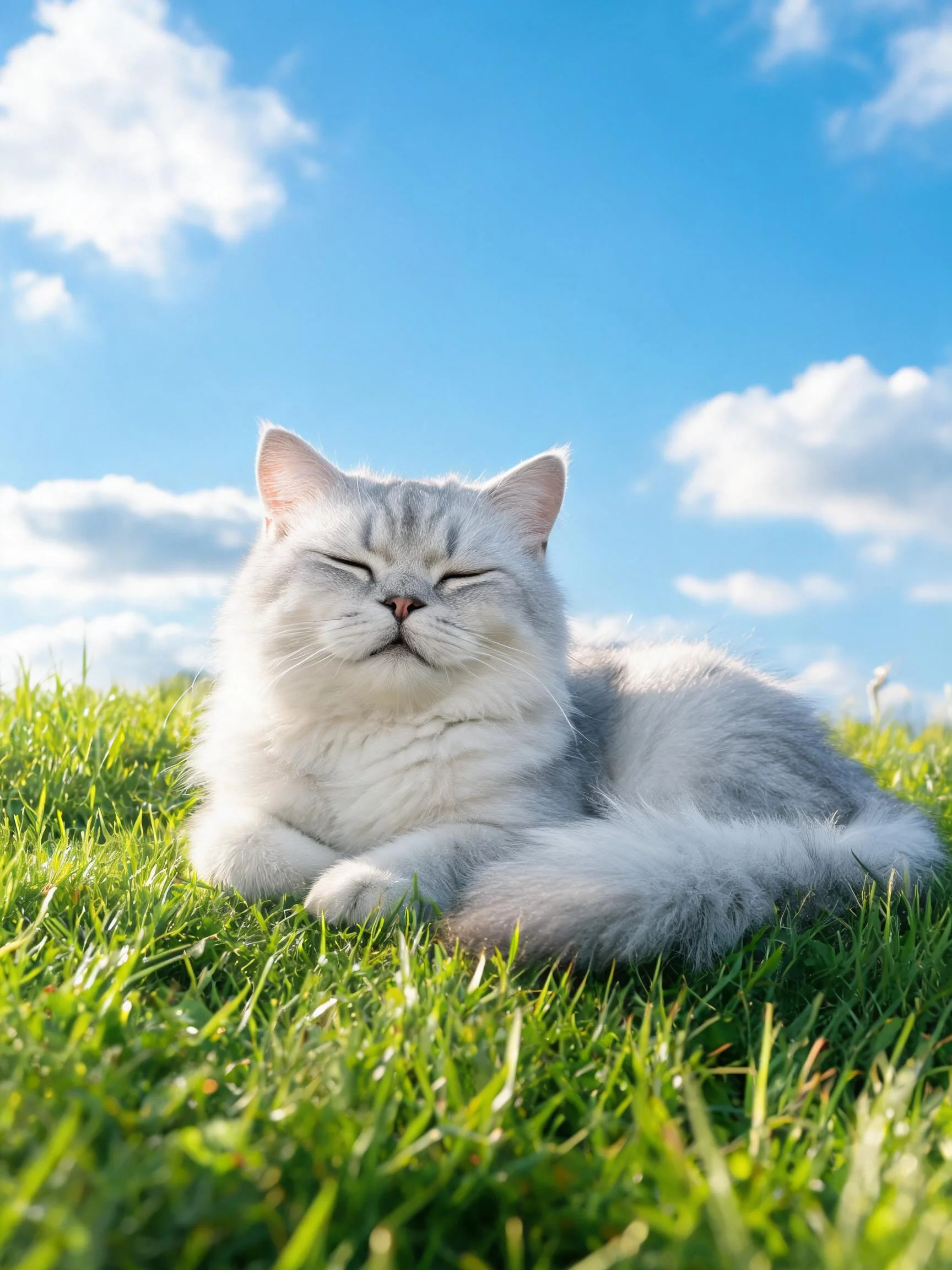 英国短毛猫安静地躺着，蓬松的白色与浅灰色毛发在阳光下显得格外柔顺，眼睛闭合处于放松状态。