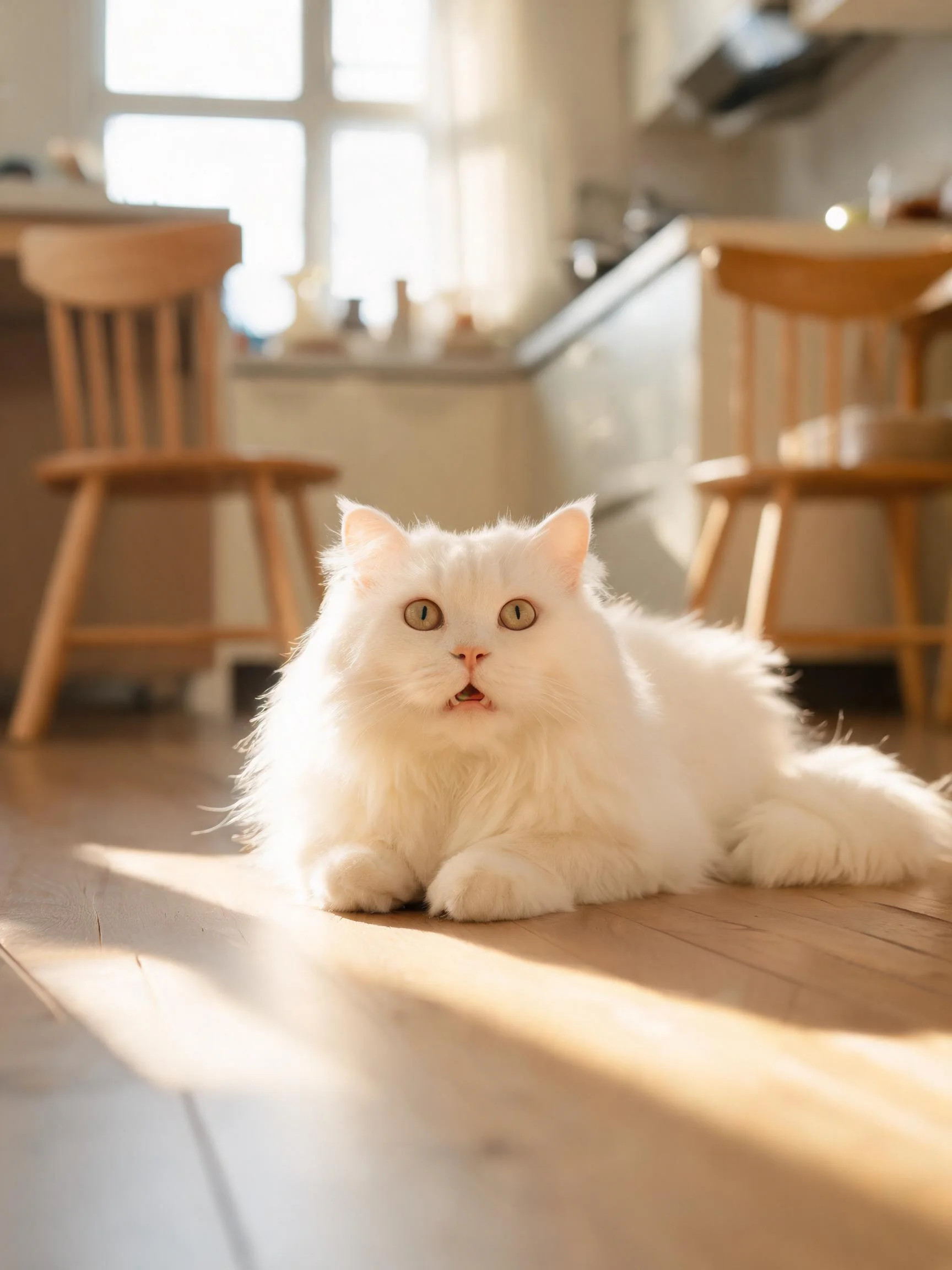 长毛白色波斯猫有着蓬松雪白毛发,在暖光照射下呈现惊讶神情。