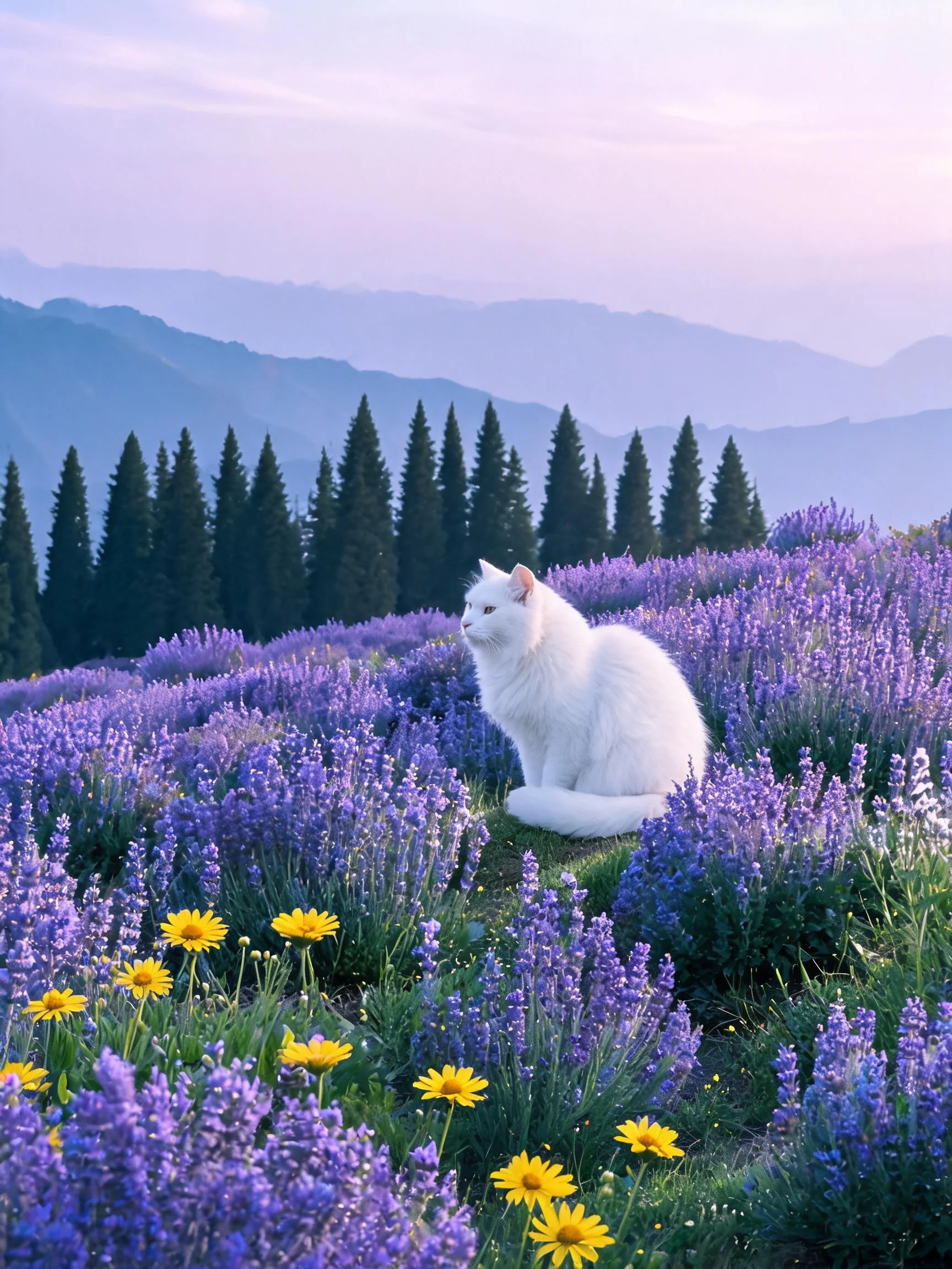 白色长毛家猫安静地坐在薰衣草花丛中,蓬松的白色毛发与紫色花穗形成鲜明对比。