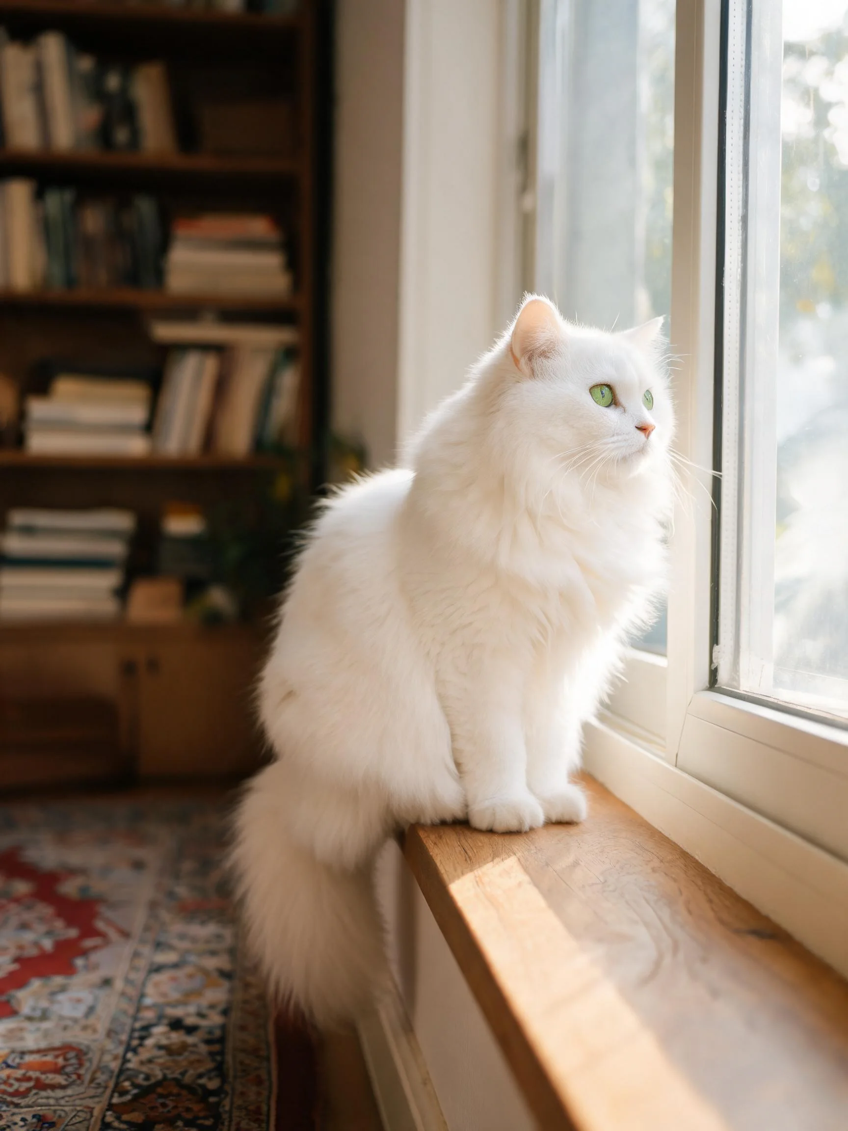 白长毛猫有着蓬松洁白的被毛和翠绿色眼睛,正安静地坐在窗台上凝视窗外。