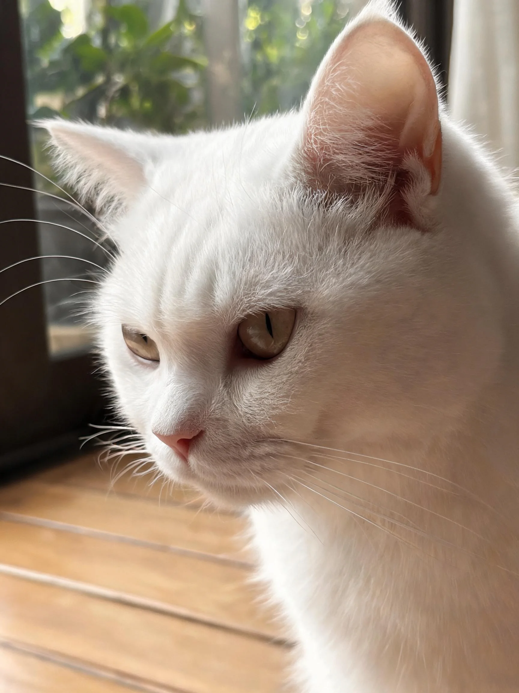 白英国短毛猫有着雪白蓬松的毛发和浅棕色眼睛,胡须清晰可见。