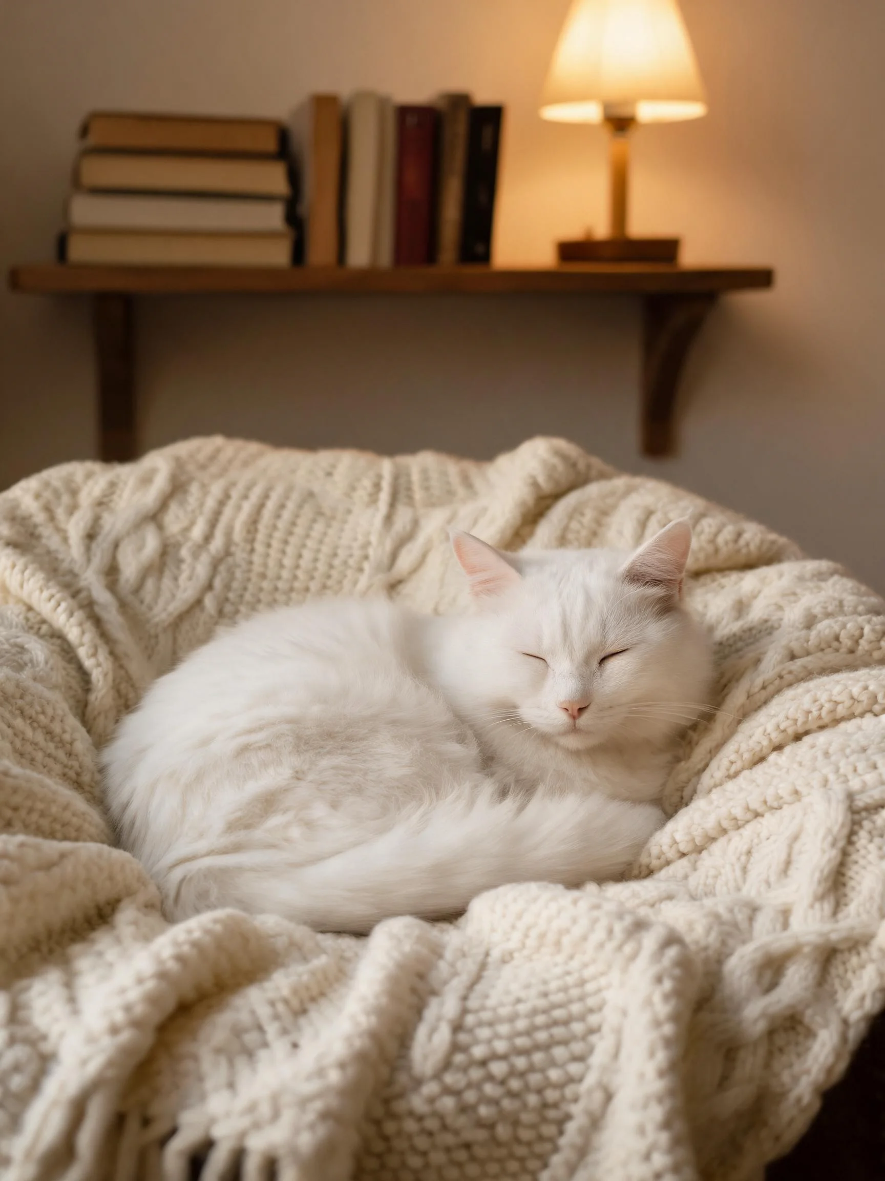 白波斯短毛猫蜷卧在编织纹理丰富的白色针织座椅上,毛发洁白蓬松。