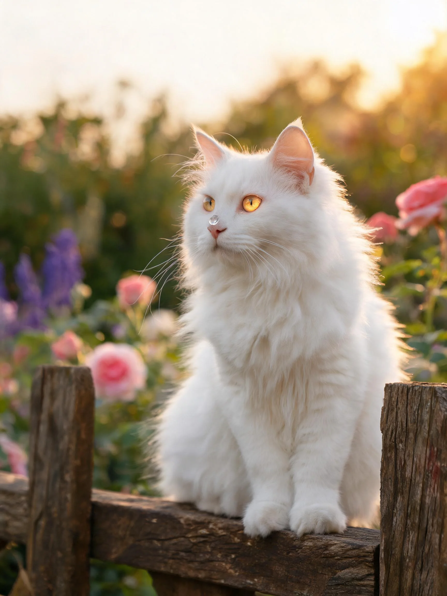 画面中是一只长毛白色猫咪,它有着蓬松洁白的被毛和金黄色的眼睛,正安静地坐在木质围栏上。