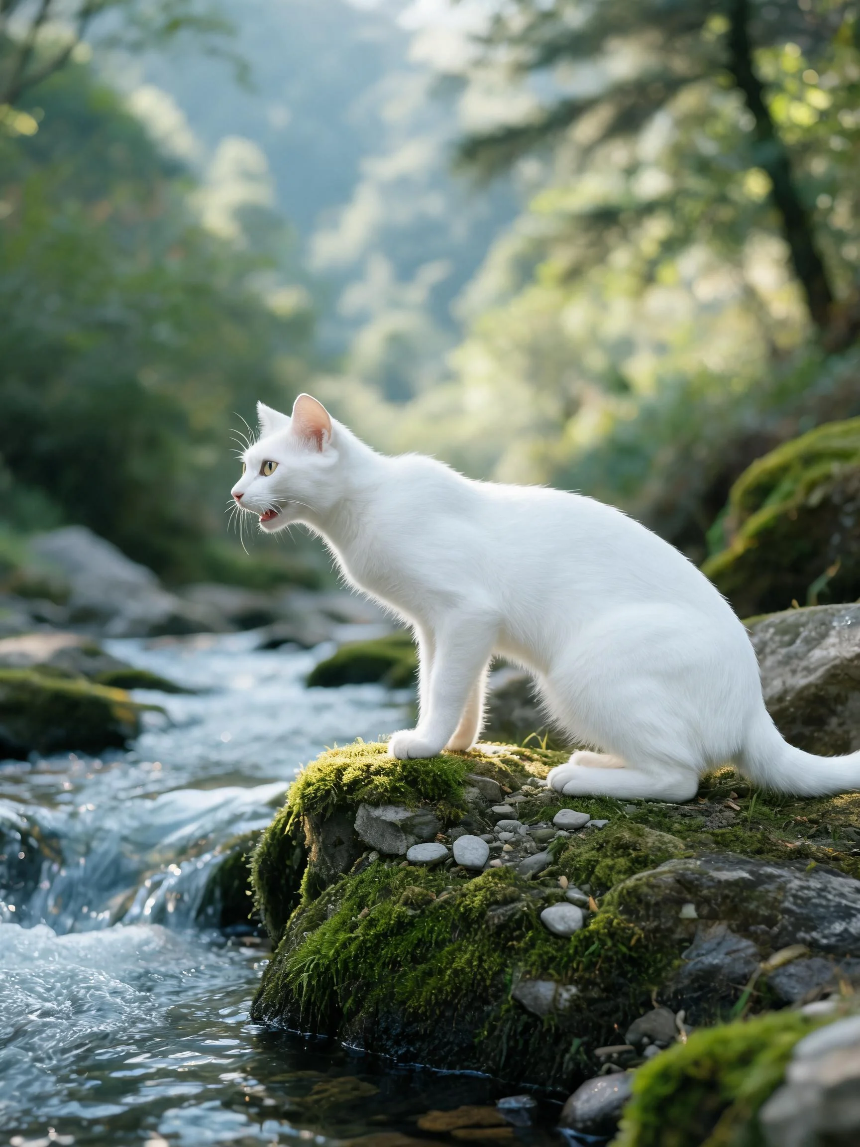 白短毛家猫站立在溪边青苔覆盖的石块上,耳朵竖立,身体呈警觉姿态,周围环绕着清澈溪水和茂密树林。