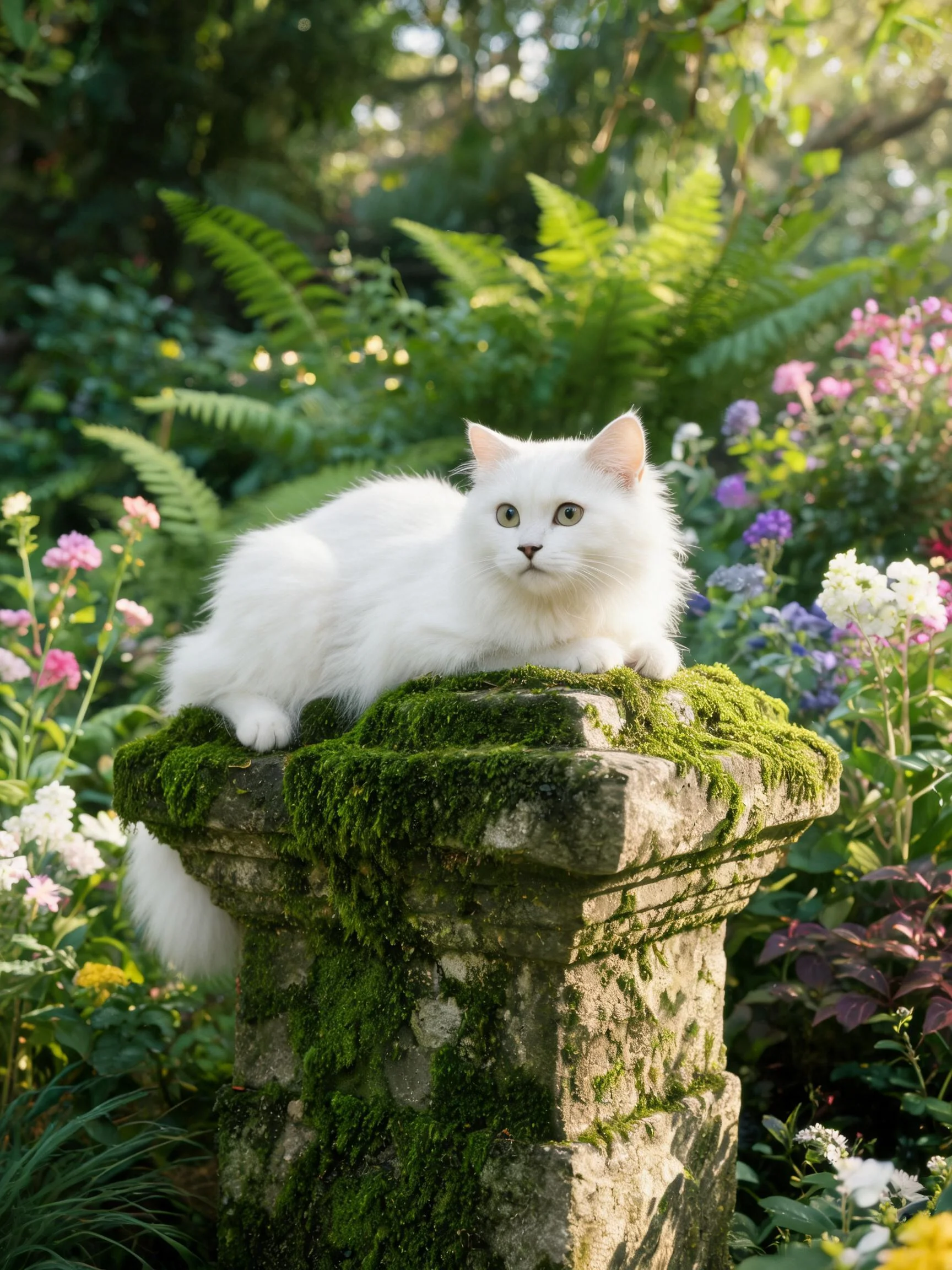 白色长毛猫安静地趴在覆盖青苔的石柱上,蓬松的白色毛发与湿润的石柱形成鲜明对比。