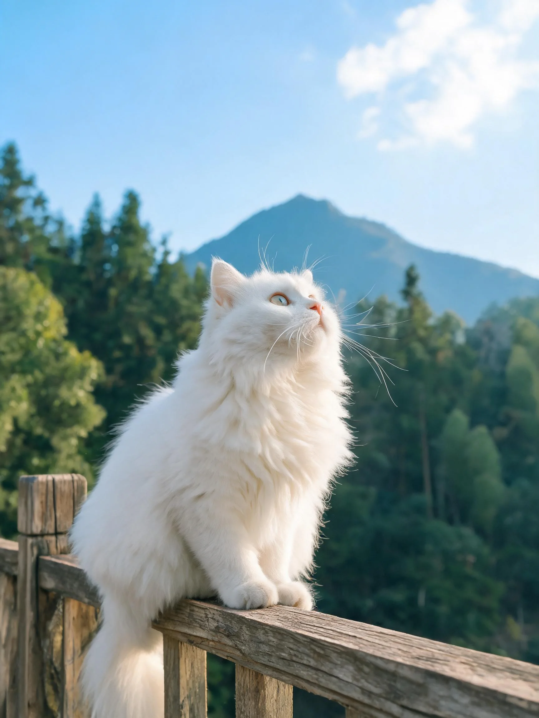 长毛白波斯猫抬头凝望远方,毛发蓬松洁白,眼睛明亮澄澈。