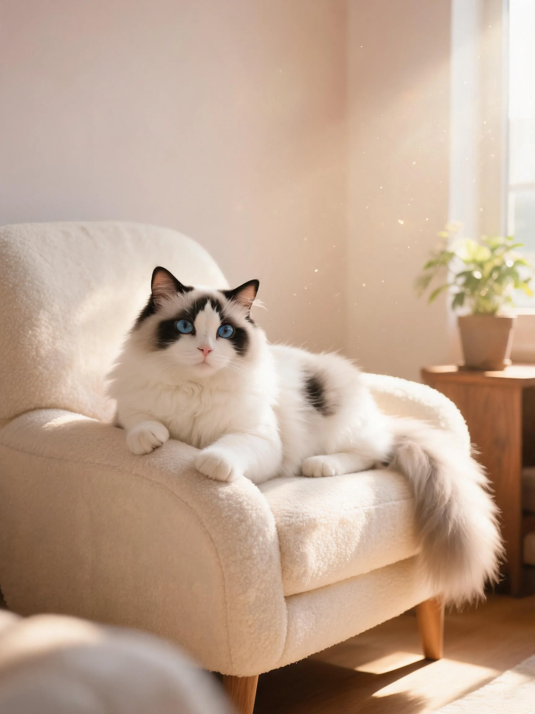 蓝眼睛的双色长毛猫安静趴在浅色软垫座椅上，蓬松毛发在暖光下显得洁白柔软。