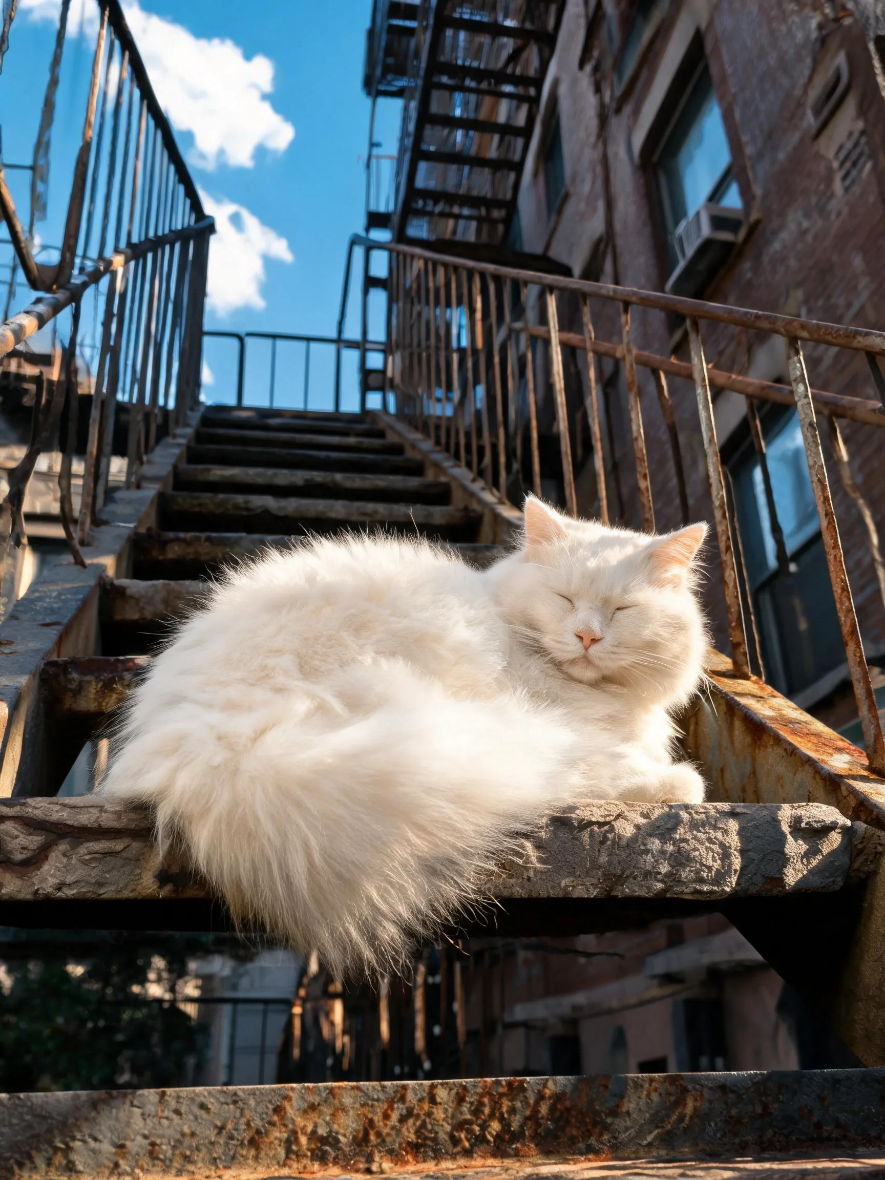 一只长毛白色家猫蜷卧在带有锈迹的铁楼梯台阶上,毛发蓬松洁白。