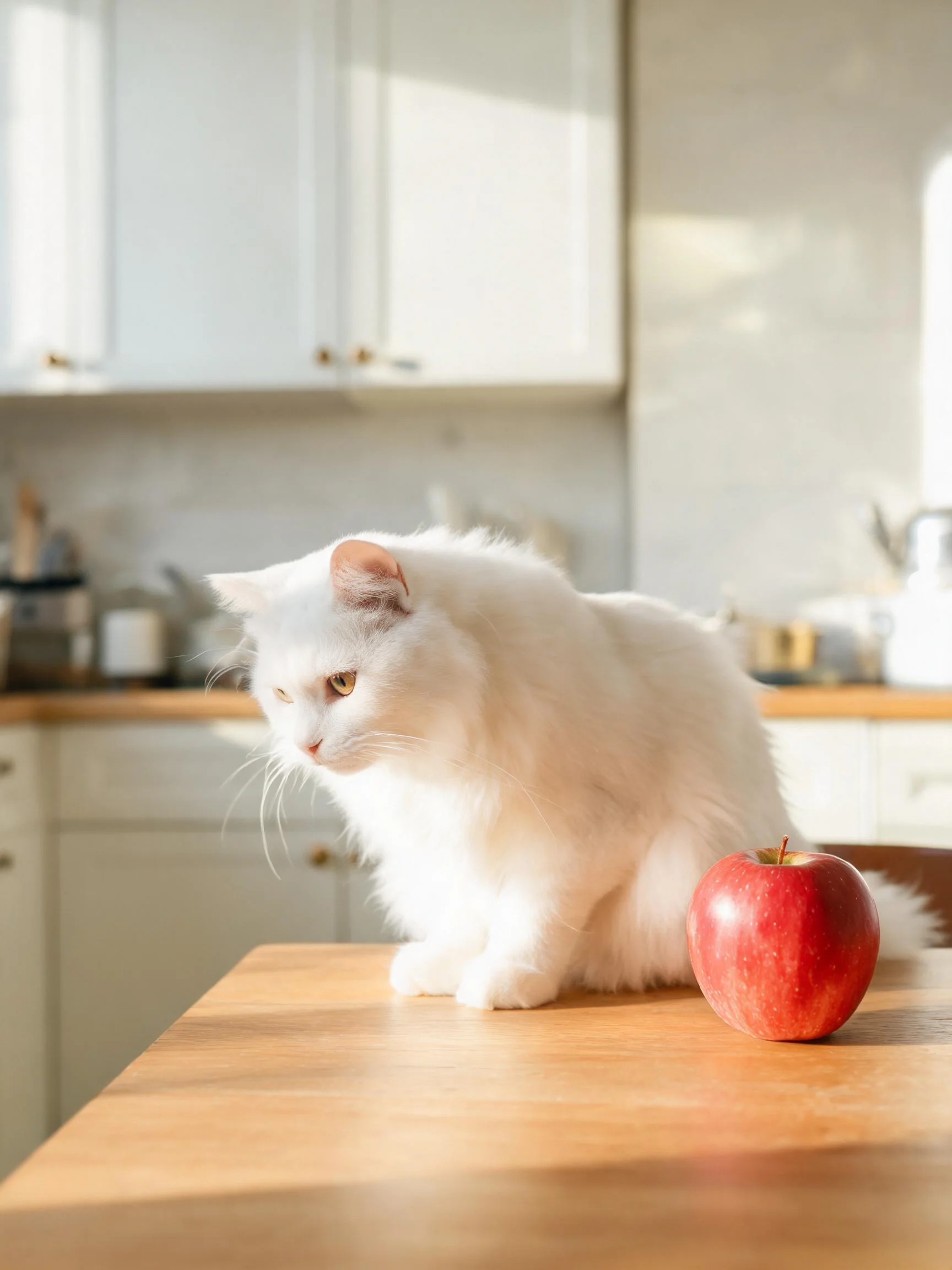布偶猫坐在木质桌面上，旁边有红色苹果，猫咪蓬松的毛发清晰可见。