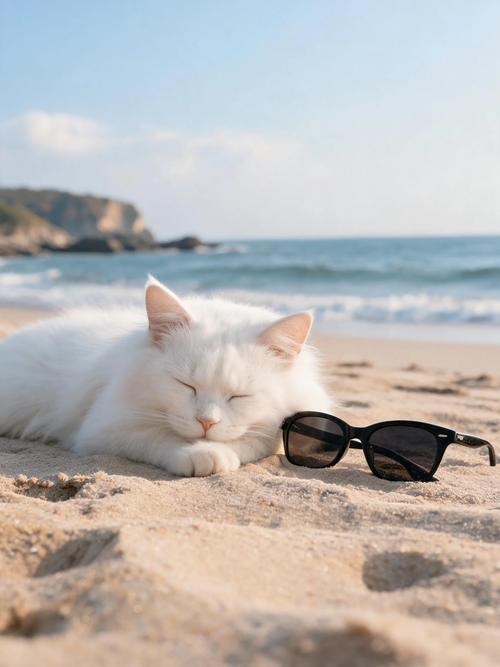 一只白长毛猫将脸靠在沙滩上,旁边放着一副黑色的太阳镜,猫咪处于休息状态。