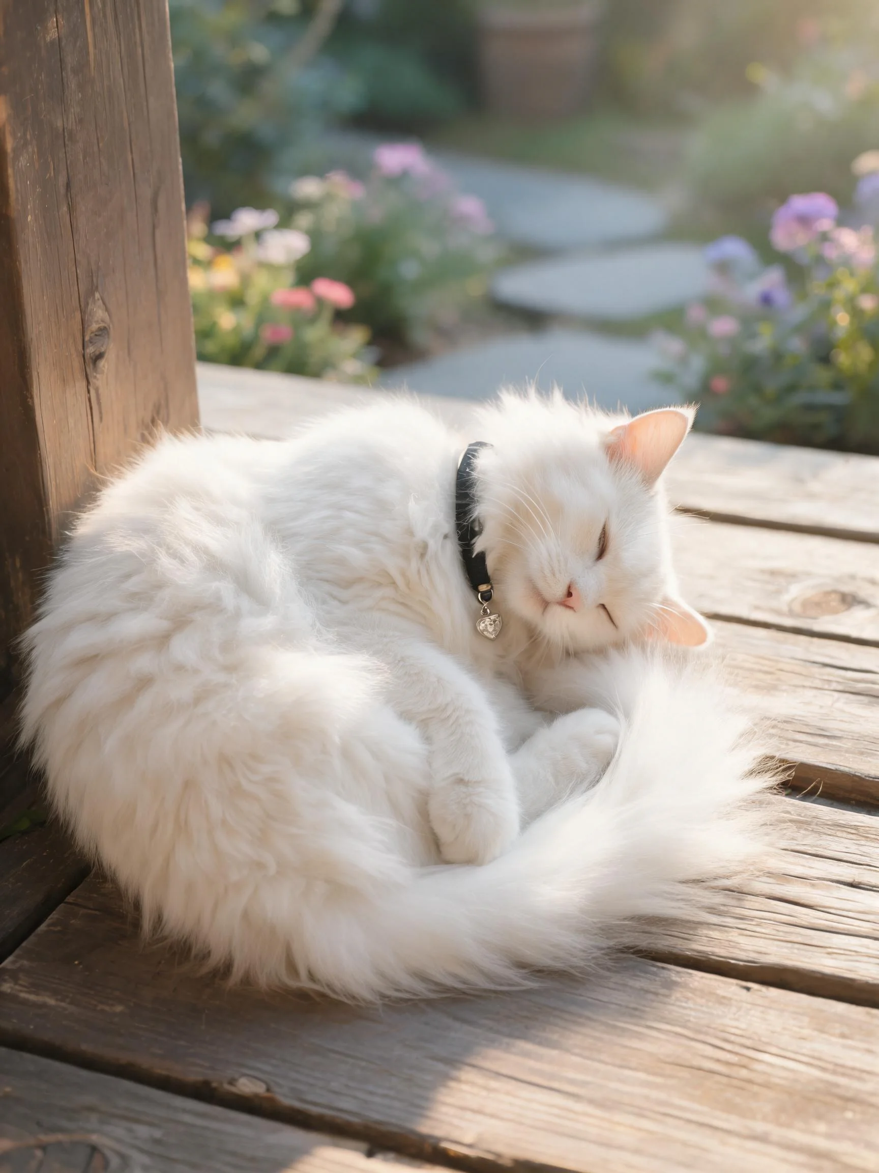 白长毛猫蜷缩着,蓬松的白色毛发裹住身体,戴着带吊坠的黑色项圈。