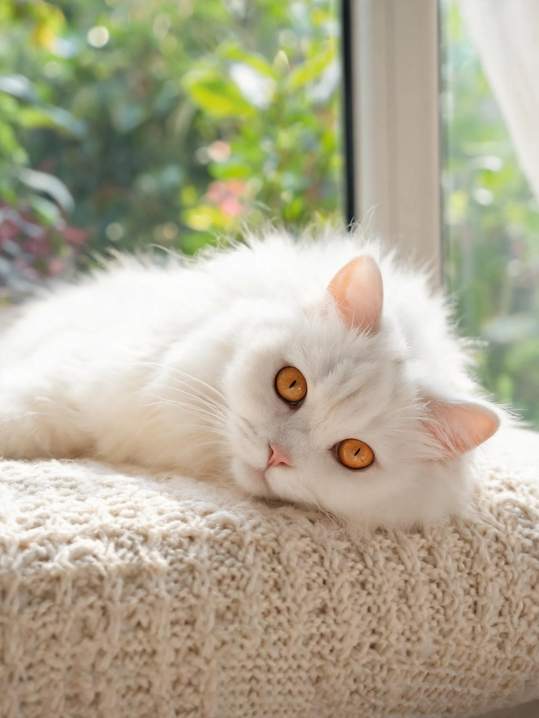 一只白色长毛猫,有着蓬松洁白的毛发和明亮的琥珀色眼睛,趴在窗边的针织软垫上,背景是的户外景色。