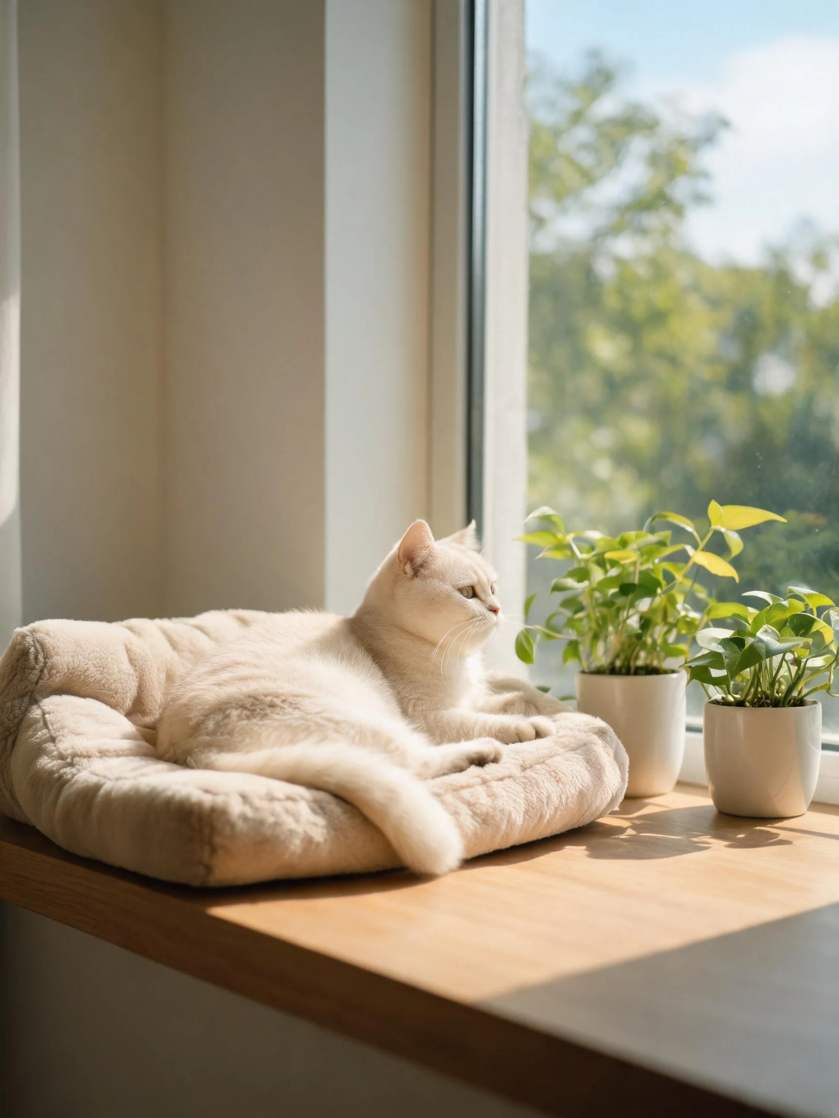 白英国短毛猫趴在浅棕色软垫上,蓬松的白色毛发与柔和的光线形成对比,周围有两盆翠绿的盆栽植物。