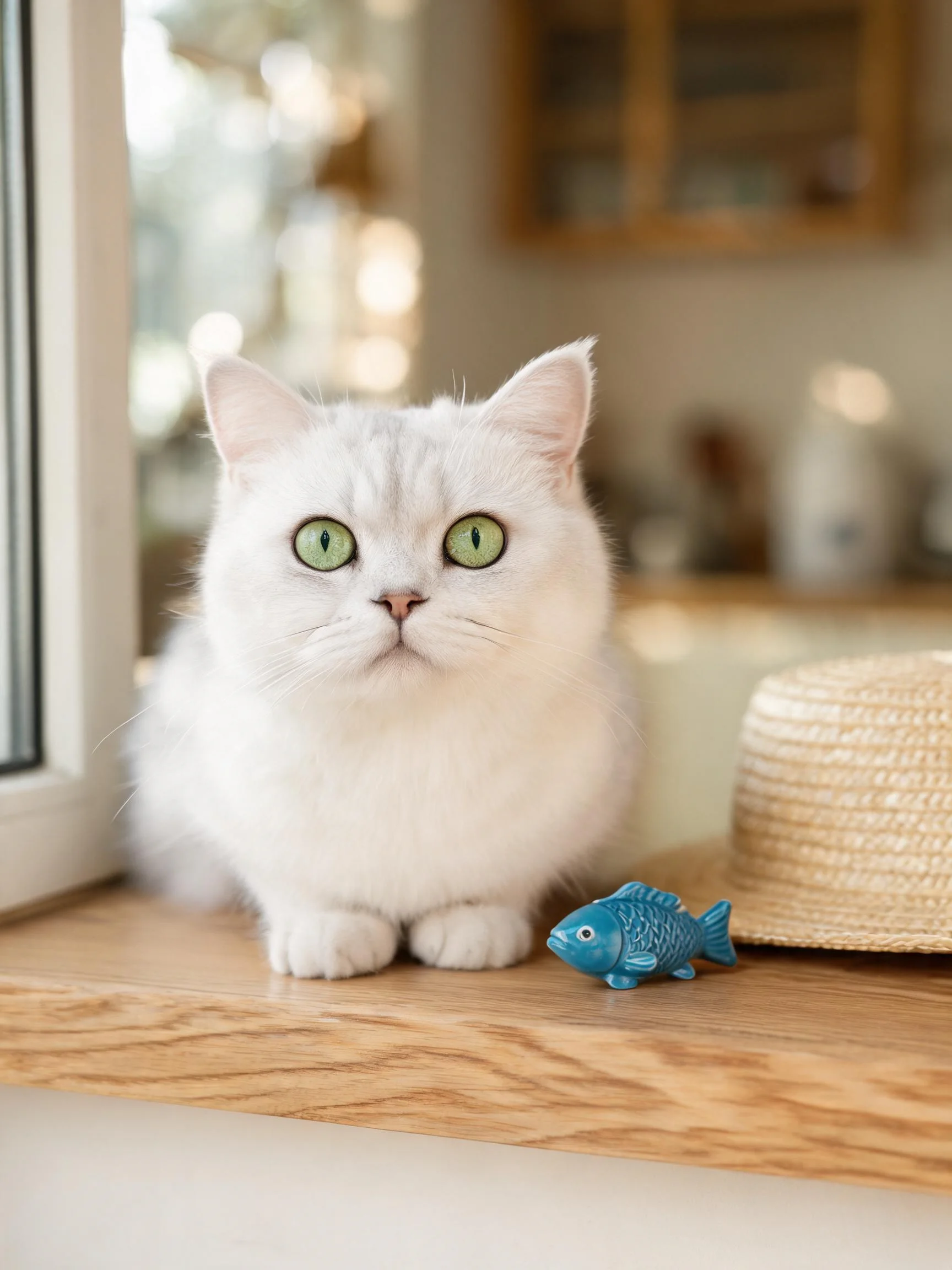 英国短毛猫安静地趴在窗台上,拥有蓬松白色被毛和翠绿色眼睛,身旁的蓝色鱼形玩具清晰可见。