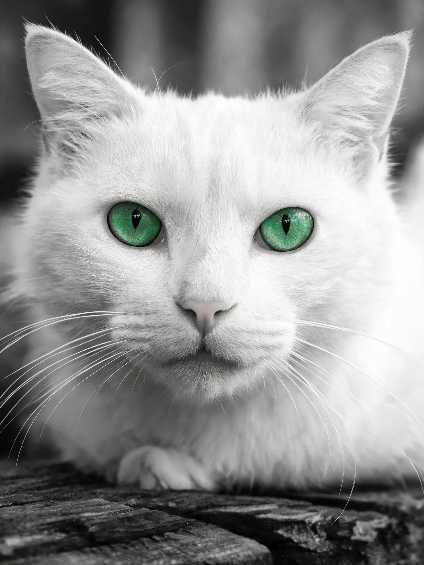 一只白色长毛猫,拥有翠绿色眼睛,毛发蓬松洁白,正趴在木质平台上凝视镜头。
