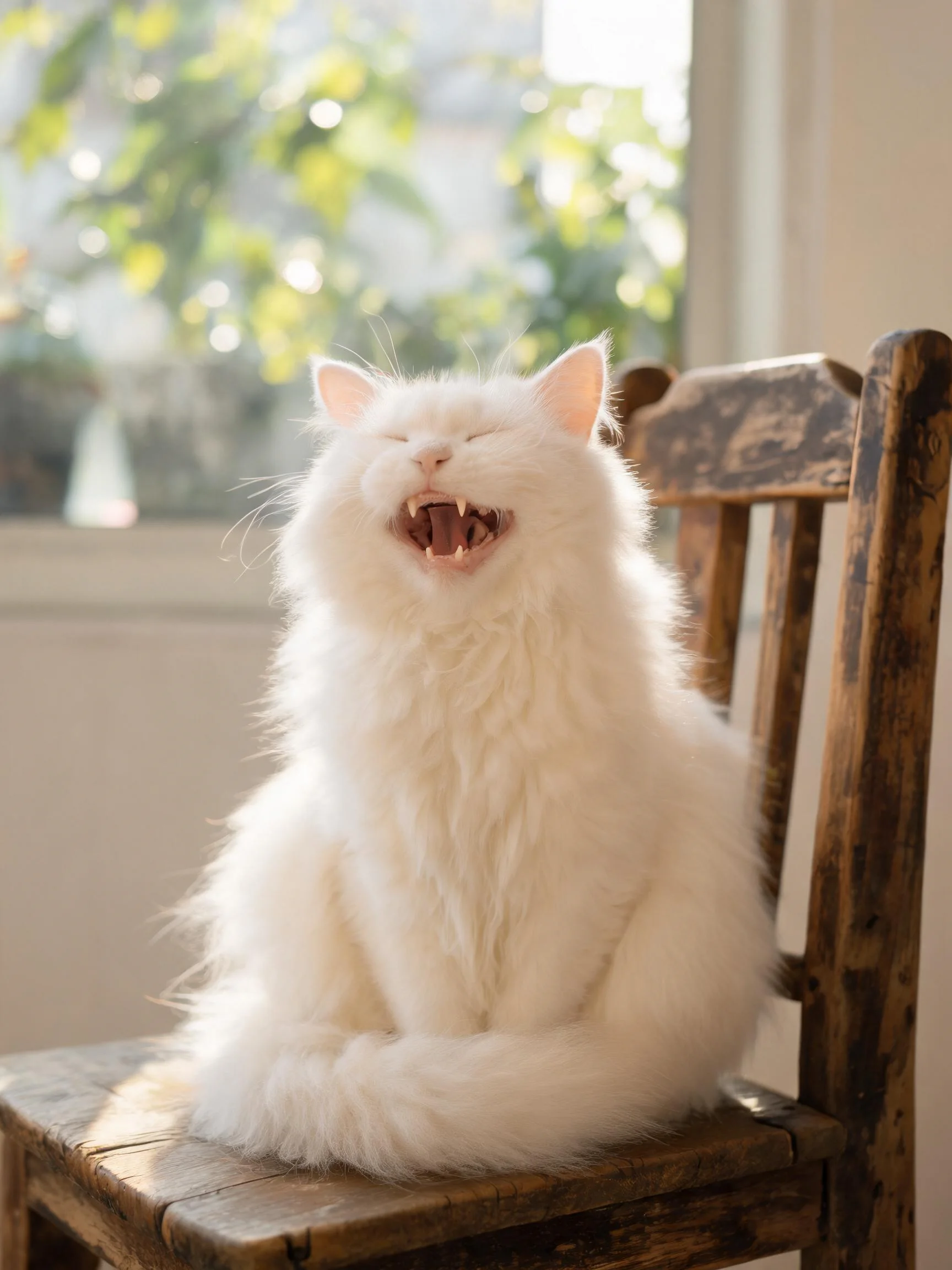 波斯长毛猫张嘴打哈欠,蓬松雪白毛发在光下显得柔软洁白。