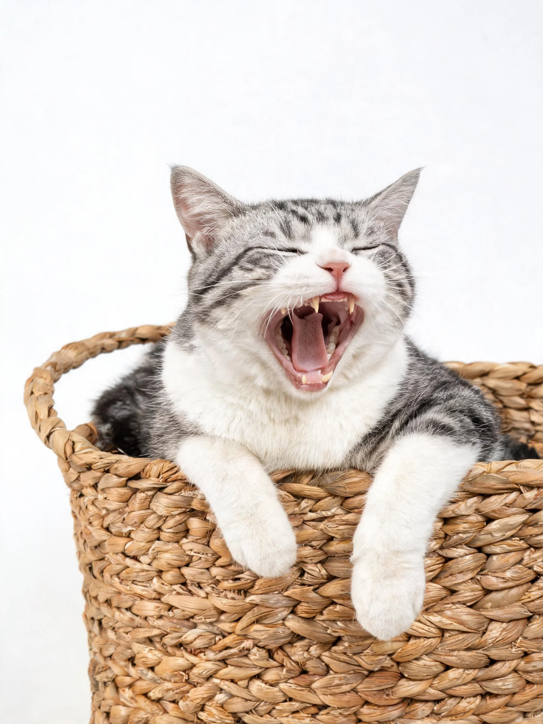 灰白相间的短毛家猫在编织篮中打哈欠,猫咪双眼紧闭,嘴巴张开露出牙齿和口腔内部结构。