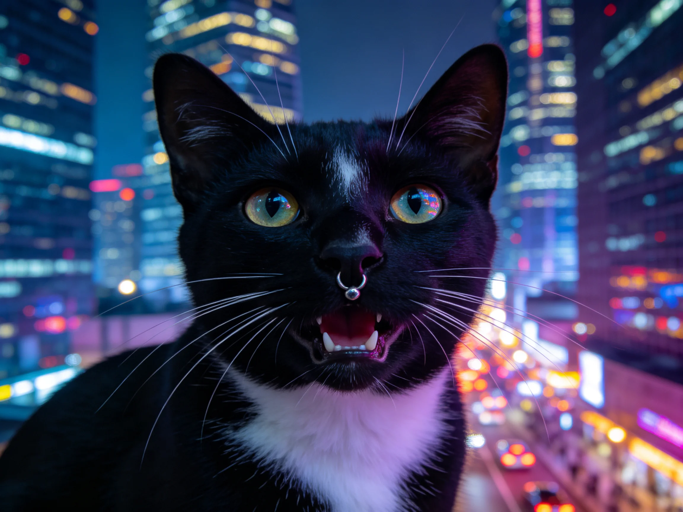 黑白花短毛家猫拥有明亮的绿色眼睛,戴着鼻环,在都市夜景背景下,的姿态。