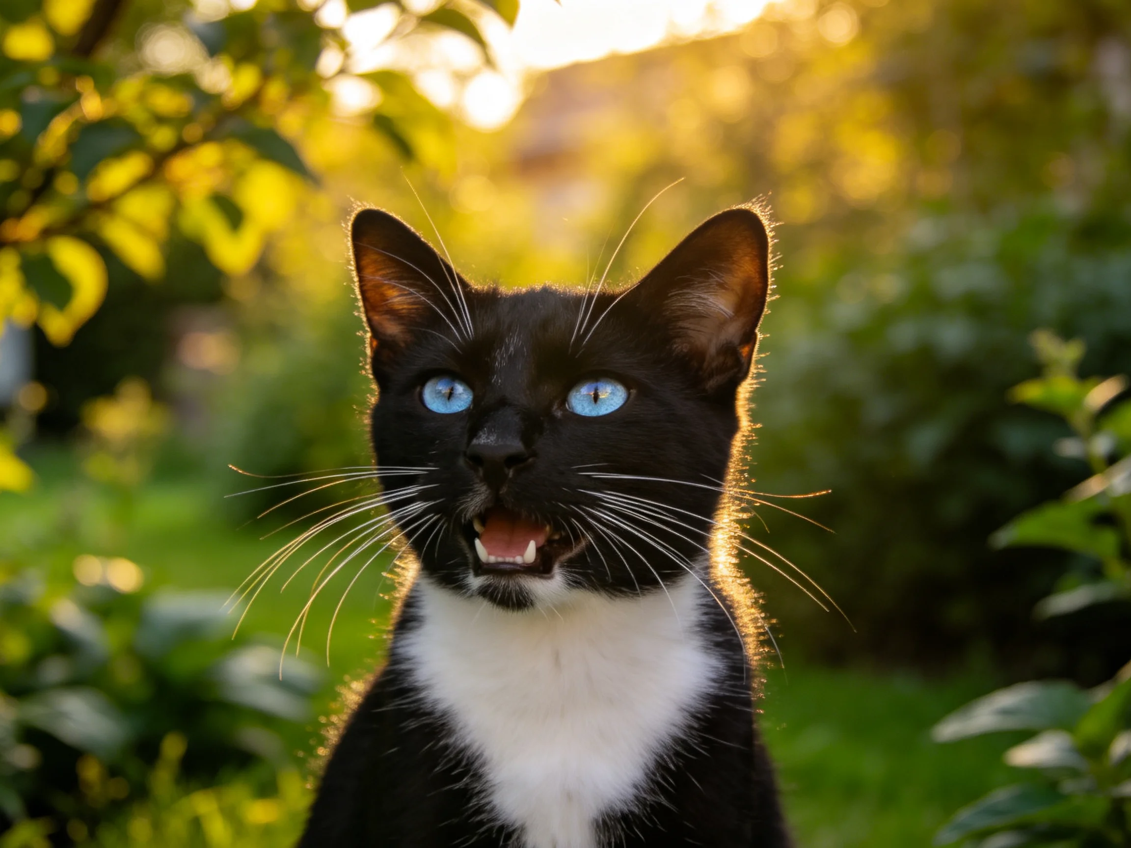 图中是一只短毛家猫,有着明亮的蓝色眼睛和黑白相间的毛发。