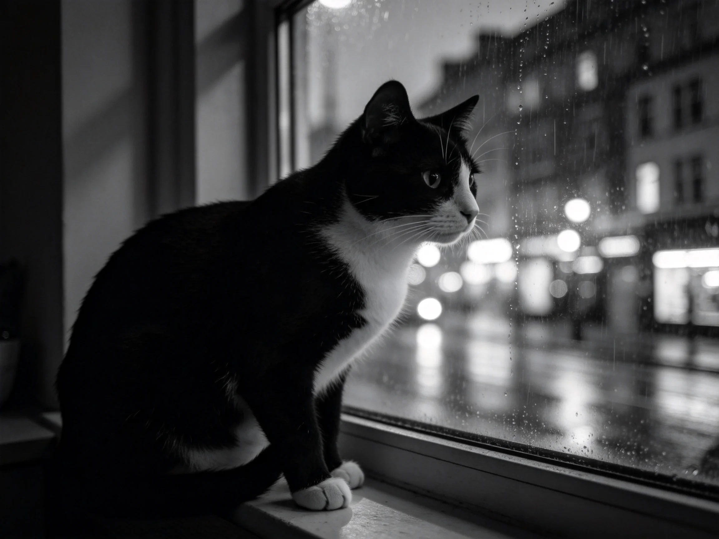 短毛家猫黑白相间的被毛贴附窗台上,眼睛专注地看向外面的雨夜景色。