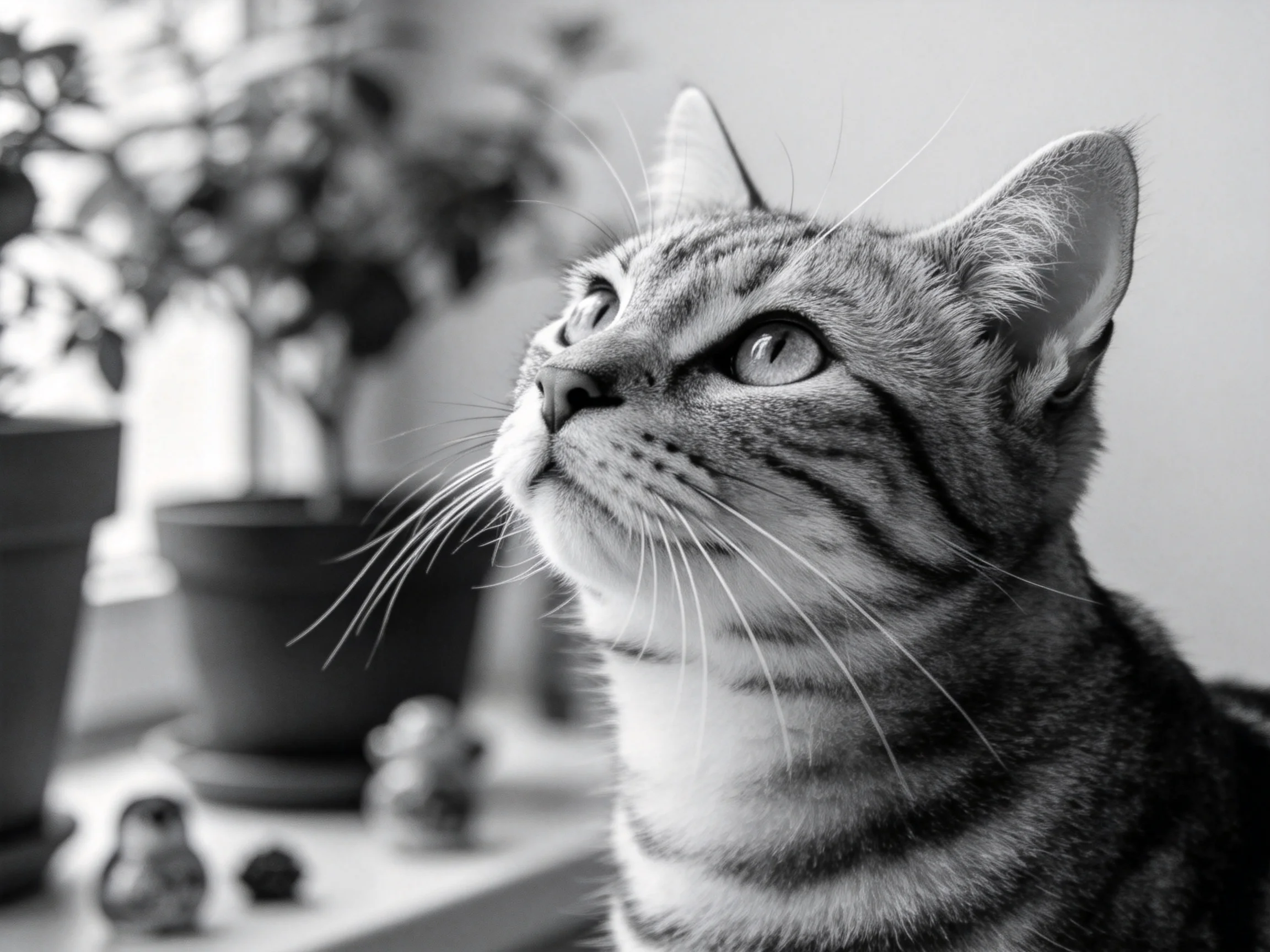 一只短毛家猫抬头凝视上方,拥有清晰的虎斑纹路和修长的胡须。