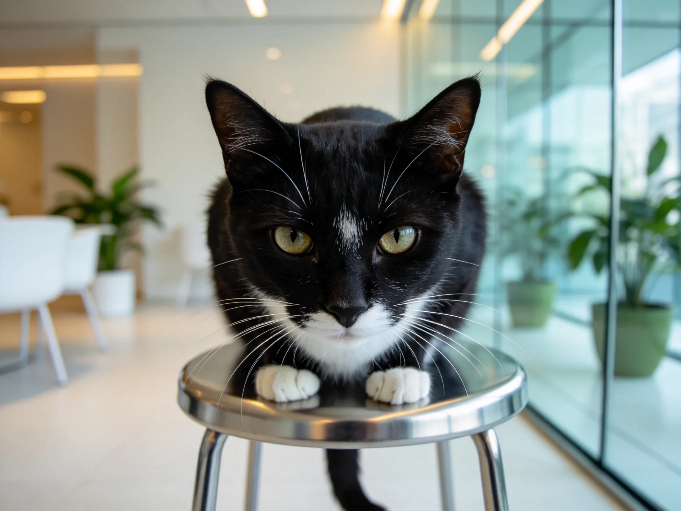 一只黑白短毛家猫趴在金属凳面上,眼部呈浅绿色,白色爪子搭在凳面边缘。