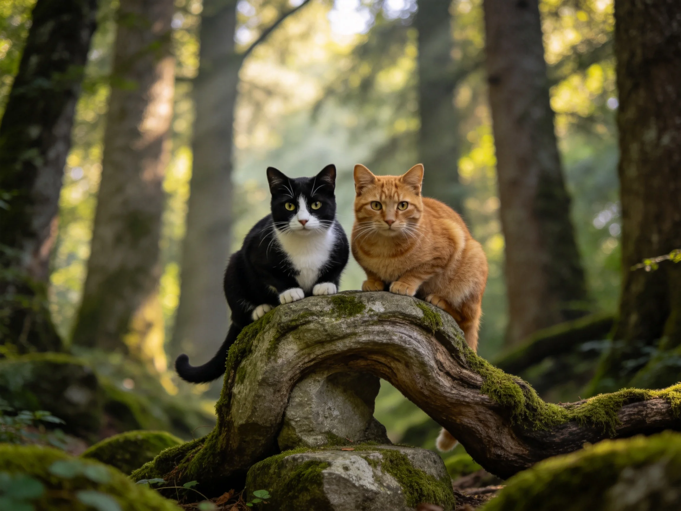 短毛家猫安静地坐在覆盖青苔的岩石上,黑白相间的猫咪有着湿润的鼻尖,橙色猫咪皮毛柔软有光泽。