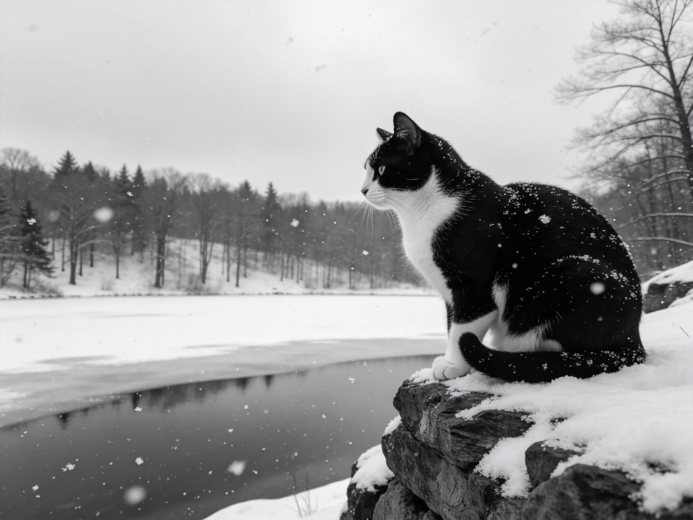 短毛家猫黑白相间的被毛上沾着雪花,安静地坐在积雪覆盖的石块上凝视远方。