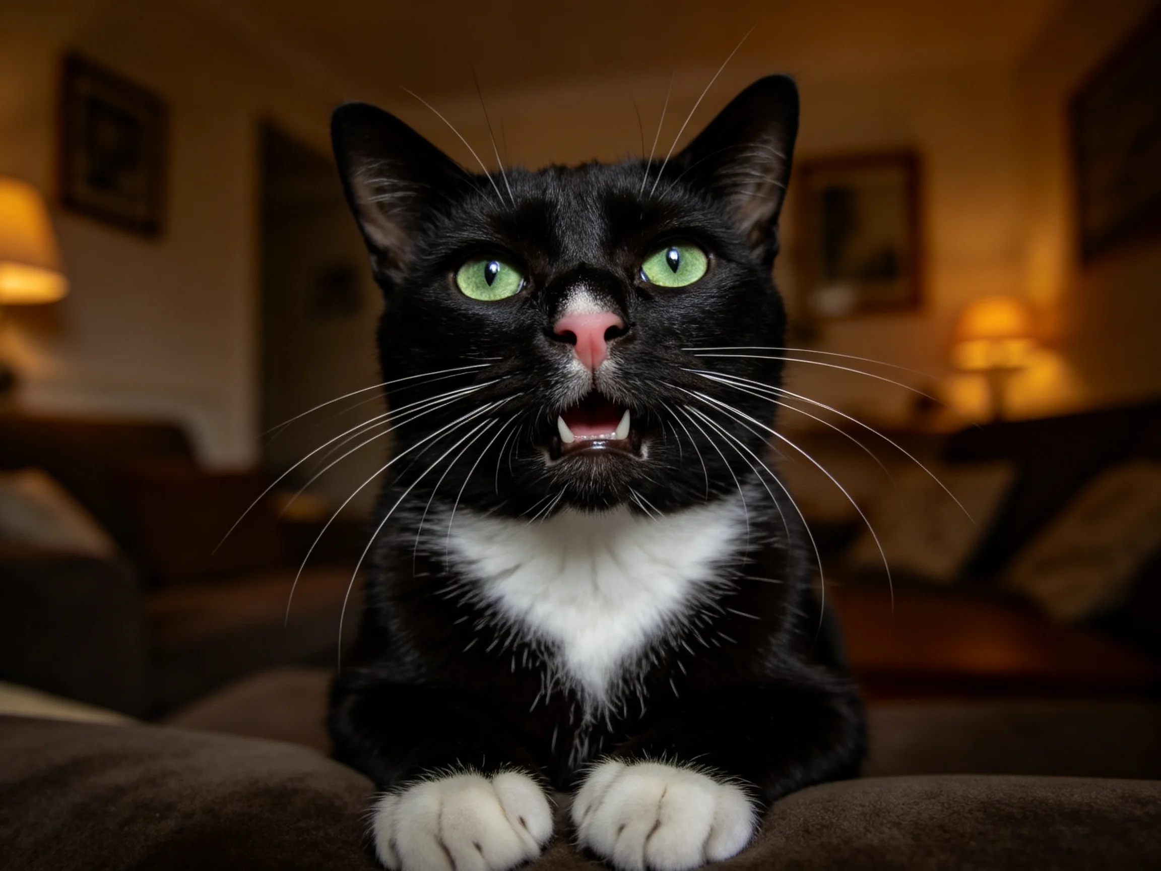 一只黑白短毛家猫正专注地注视镜头,它有着明亮的绿色眼睛和白色胸部毛发。