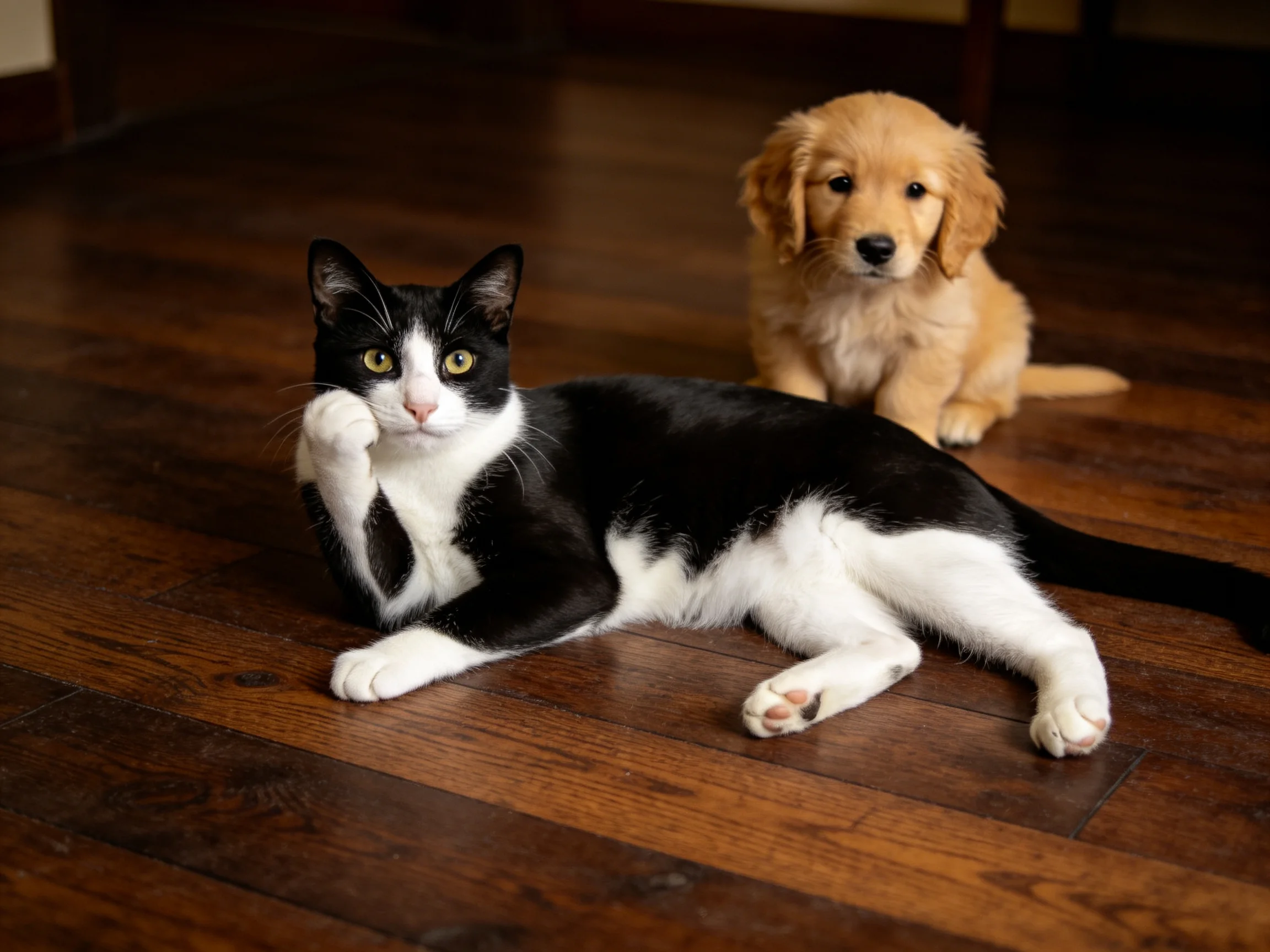 短毛家猫黑白相间趴在木质地板上,身旁有金毛幼犬,猫咪前爪靠近脸部,姿态放松。