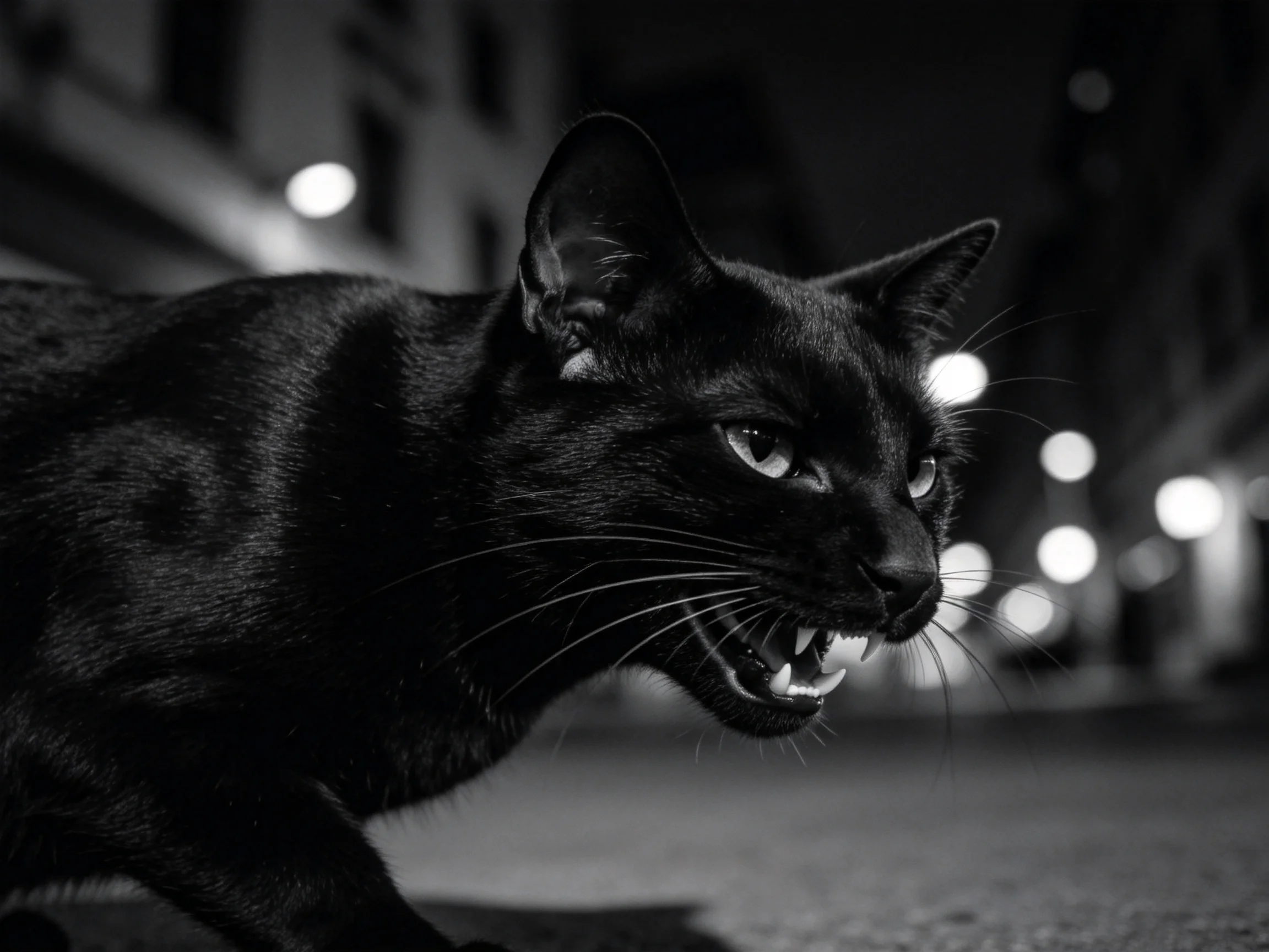 一只短毛黑猫在夜间街道特写,展现出黑色的短毛和警觉的表情,嘴巴张开露出牙齿。