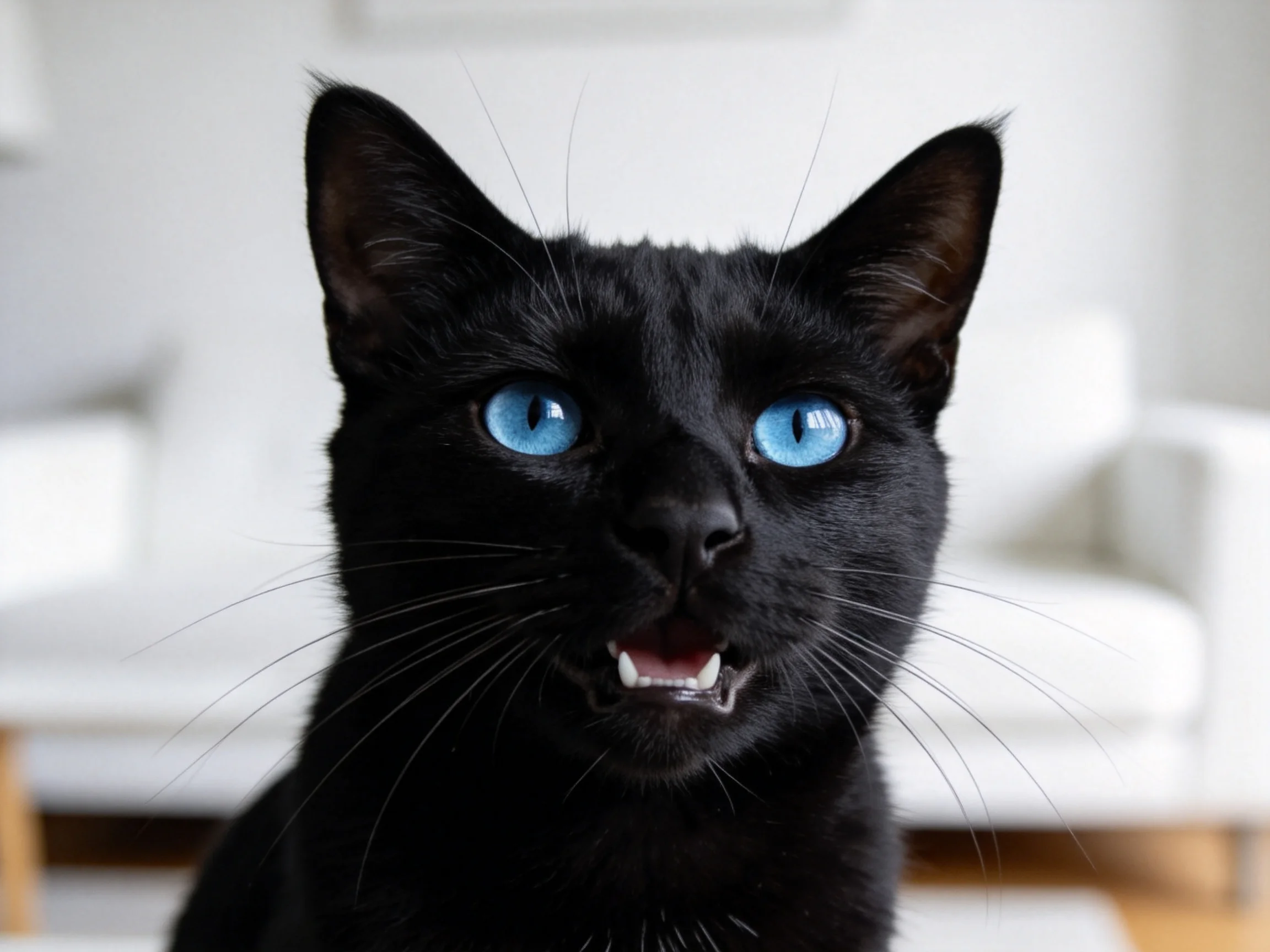 一只短毛家猫,拥有乌黑被毛和明亮的蓝色眼睛,处于室内环境中。