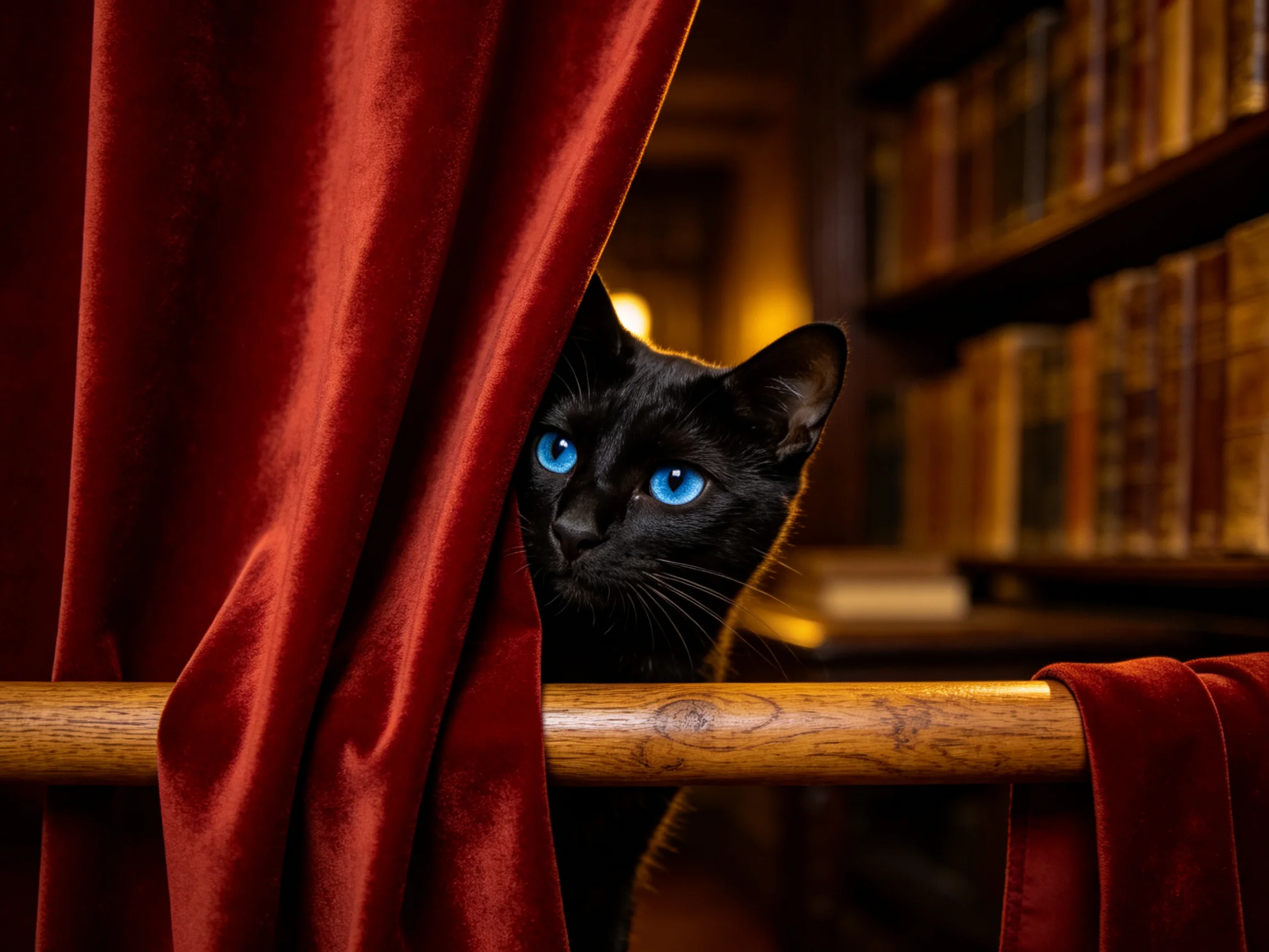 一只蓝眼睛短毛家猫正从红色丝绒窗帘后探出头,明亮的蓝色双眼与黑色毛发形成鲜明对比。