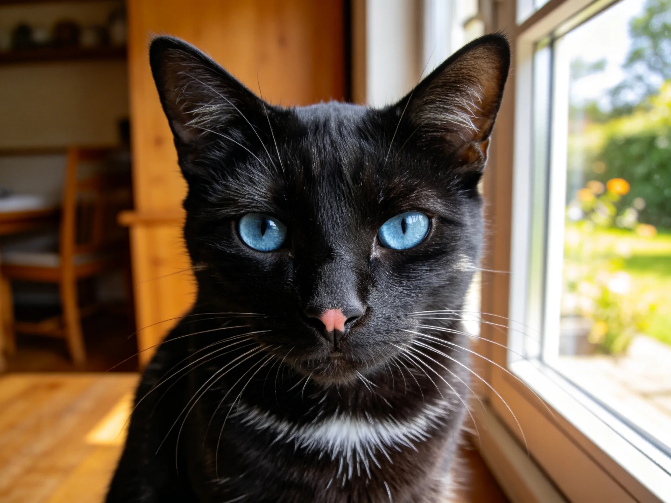 短毛蓝眼黑猫有着乌黑的被毛和明亮的蓝色眼睛,它安静地坐在窗边,目光平静地注视着镜头方向。