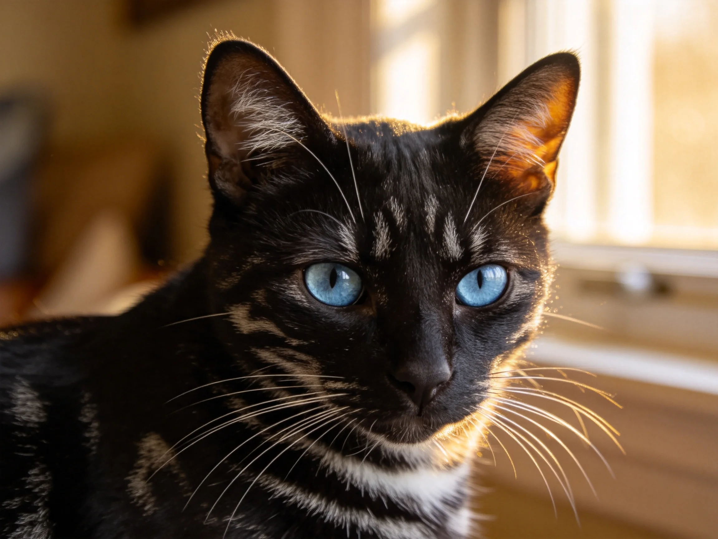 一只蓝眼睛的孟加拉斑纹猫,毛发短而光滑,胡须清晰,正安静地注视着镜头方向。