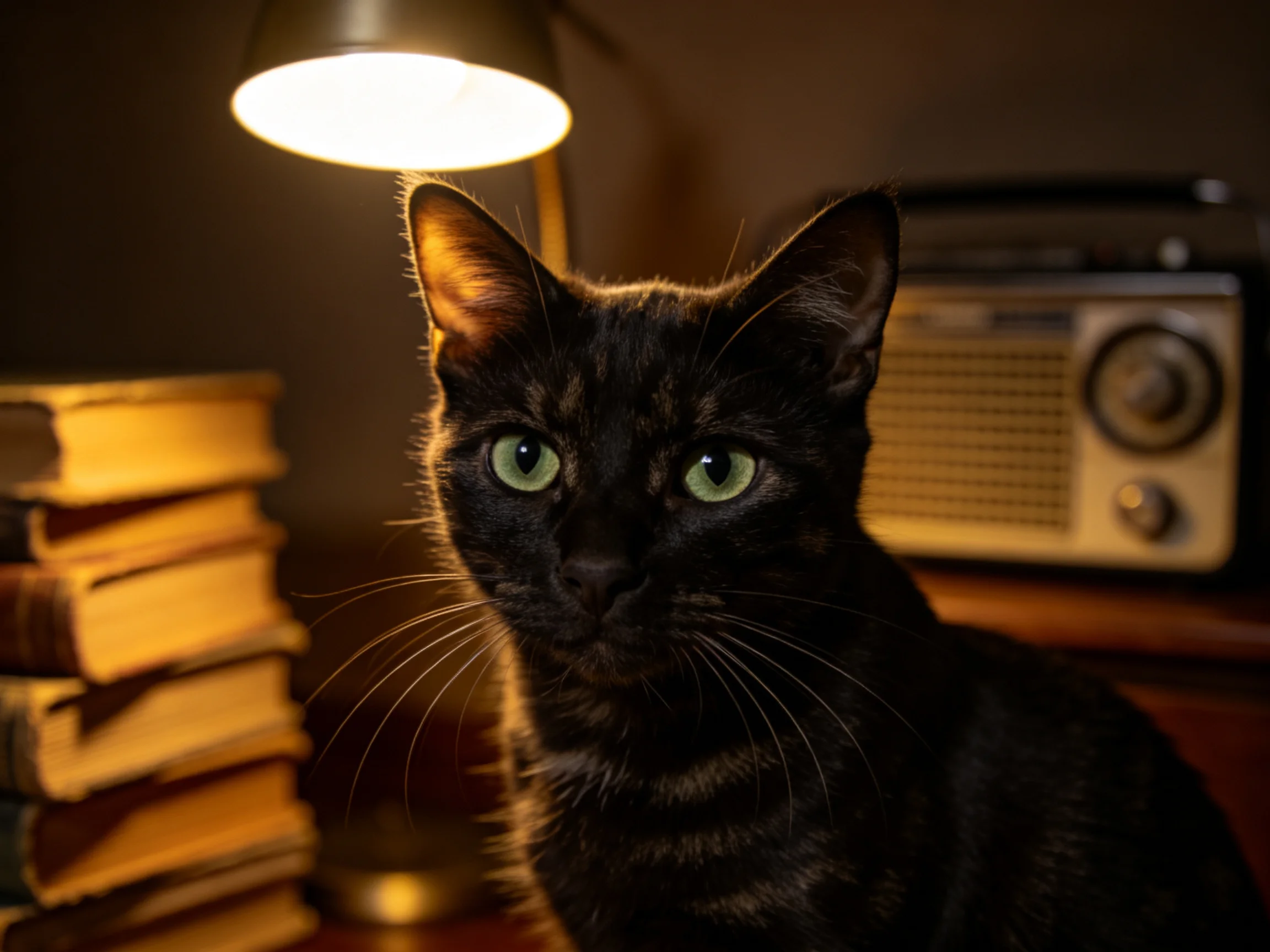 玳瑪短毛家猫绿色瞳孔明亮，黑色皮毛带有深色斑纹，安静坐在复古书桌旁。