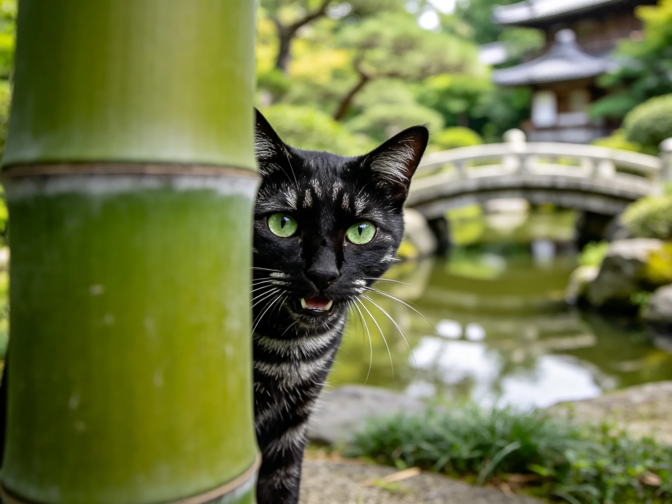 带斑纹短毛家猫,绿色眼睛明亮,黑色皮毛带有银灰色斑纹,从翠绿竹竿后探出身子。