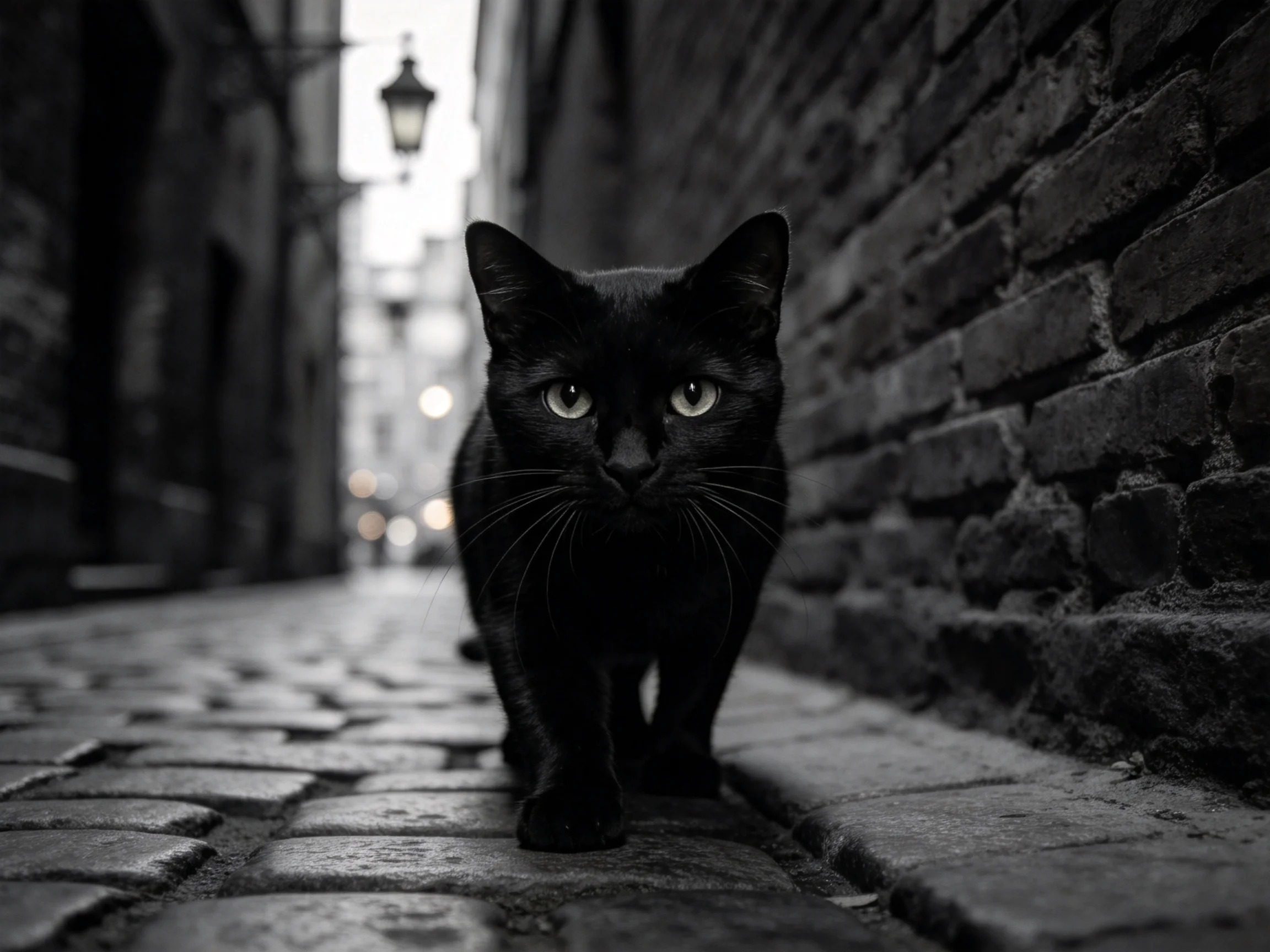 一只短毛家猫,其黑色皮毛与绿色眼睛在古老小巷中被清晰呈现。