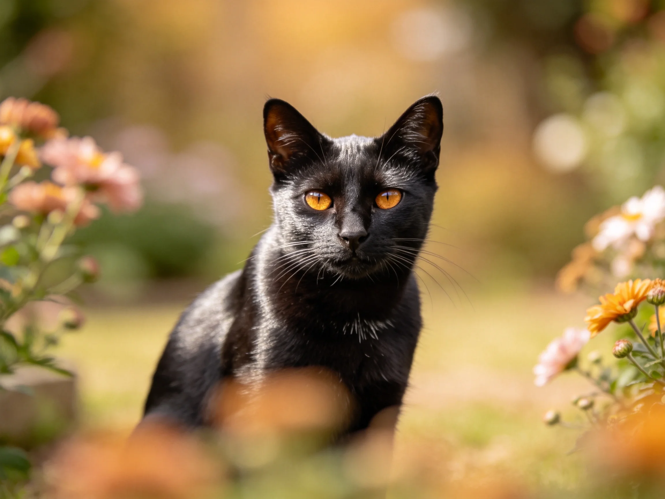 短毛黑猫拥有明亮的黄色眼睛,黑色的皮毛在阳光下呈现出光滑的质感。