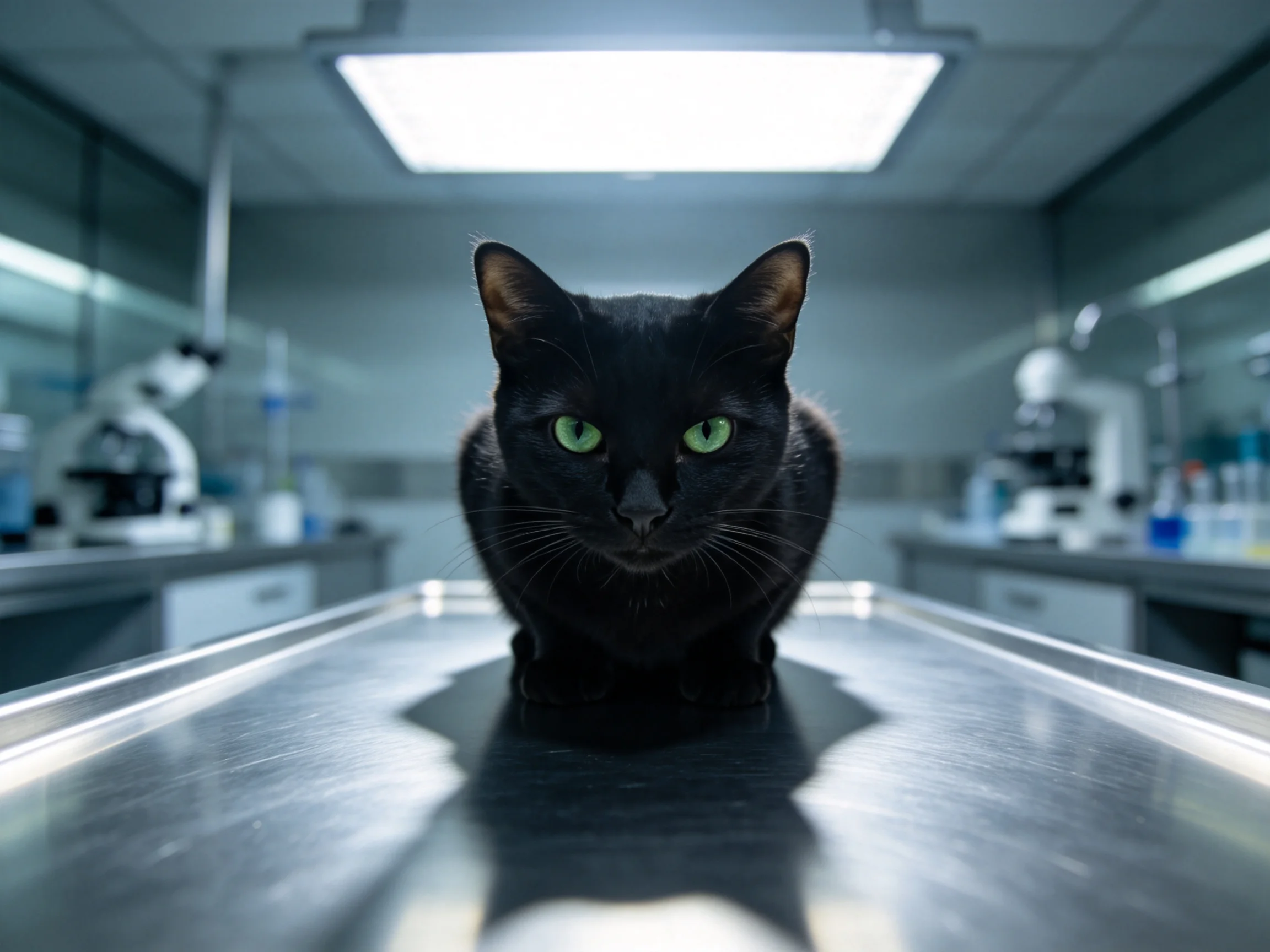 一只短毛家猫坐在实验室的金属平台上，黑色被毛在灯光下显得油亮，绿色眼睛明亮注视前方。