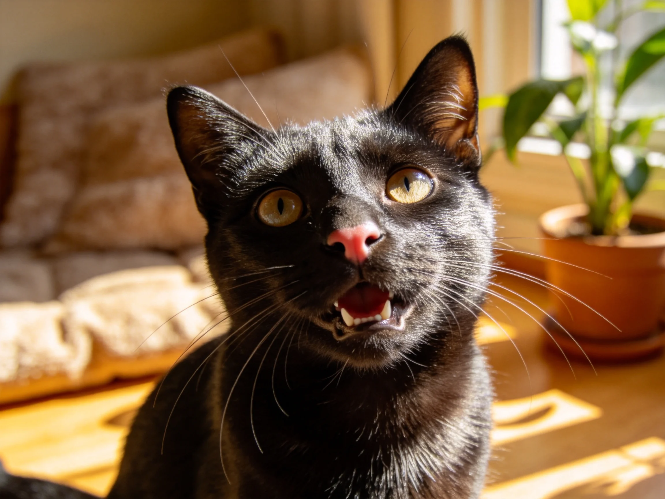 短毛黑猫双眼明亮,嘴巴微张露出洁白牙齿,胡须清晰可见。