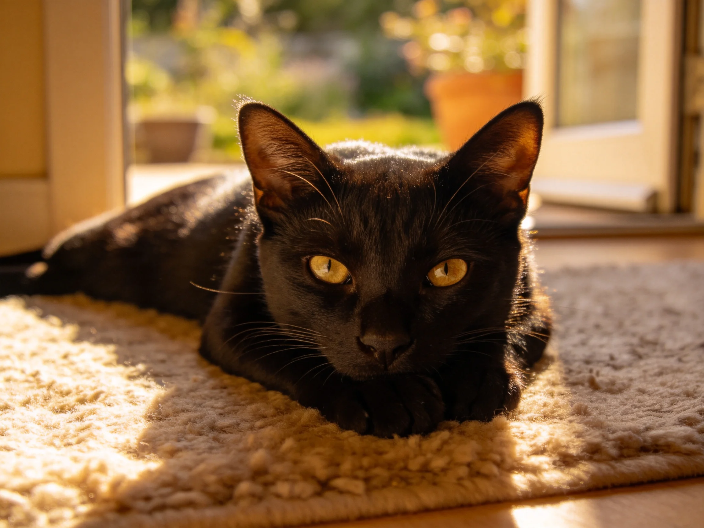 短毛黑猫趴在室内浅棕色地毯上,黄色眼睛注视前方,光滑的黑色皮毛在阳光下清晰可见。