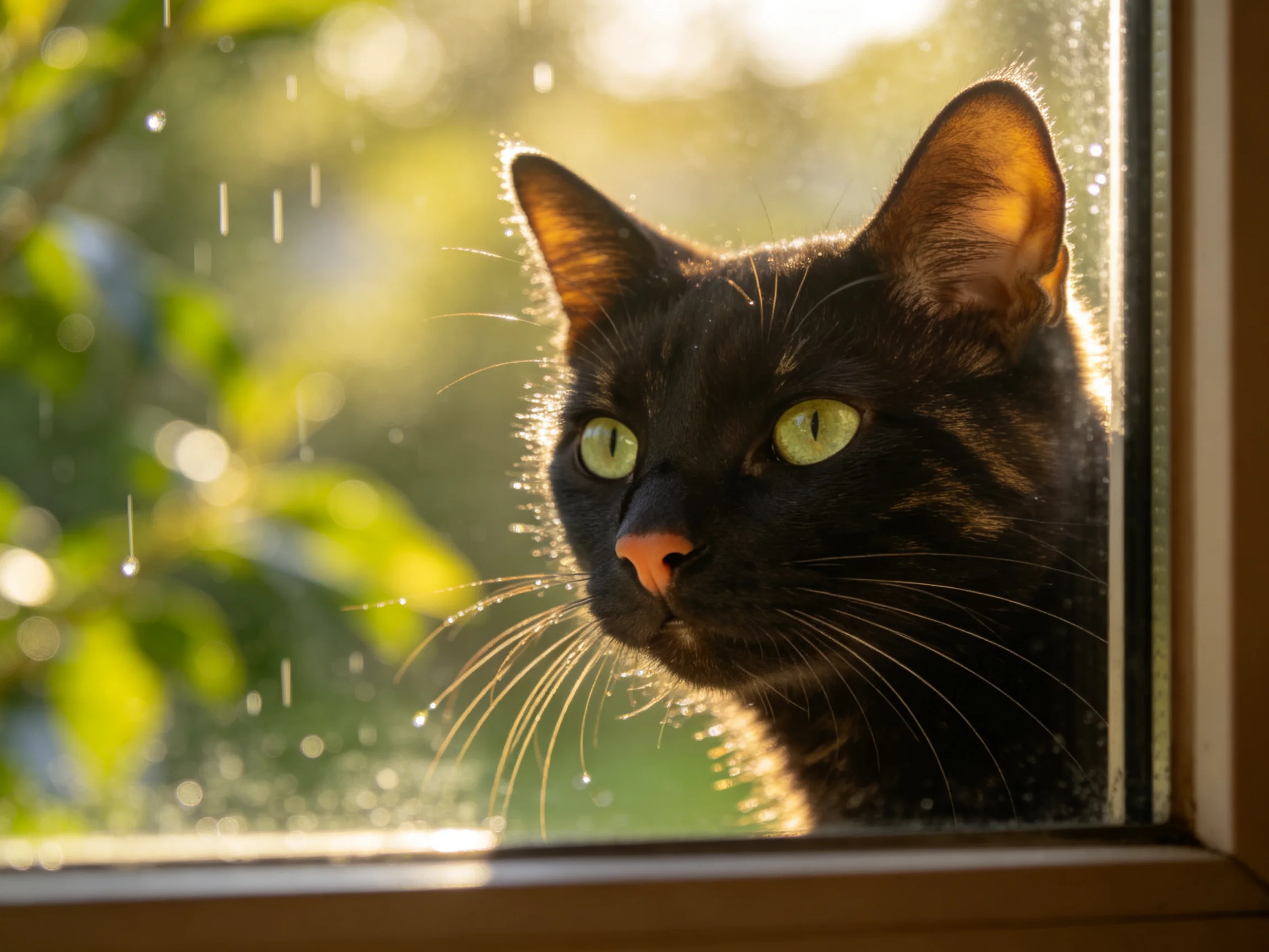 短毛家猫透过带雨滴的窗户凝视,绿色眼睛明亮,黑色皮毛在光线照射下显得光滑。